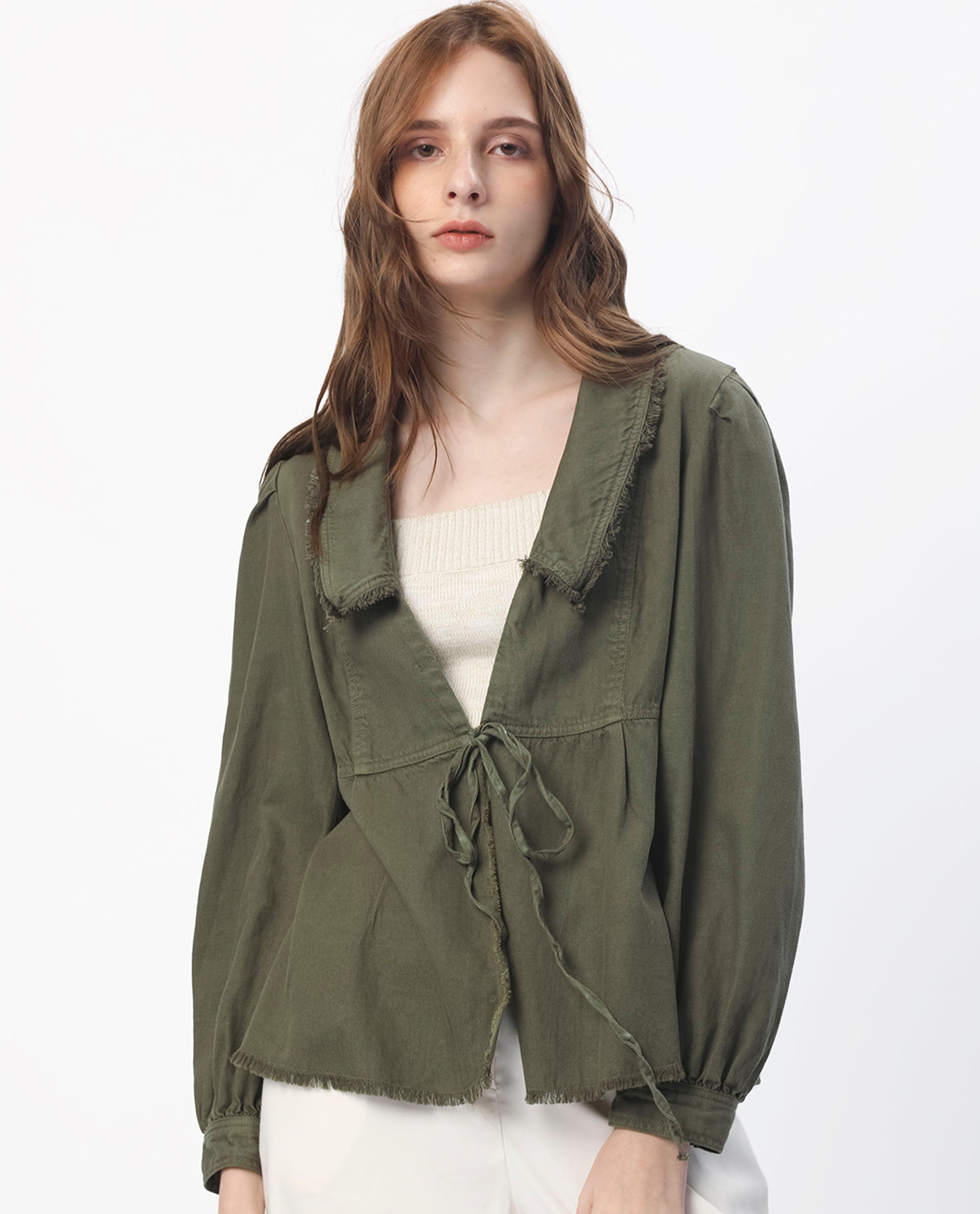 Rareism Women Reism Dark Olive Cotton Blend Fabric Full Sleeves Solid Lapel Neck Shrug