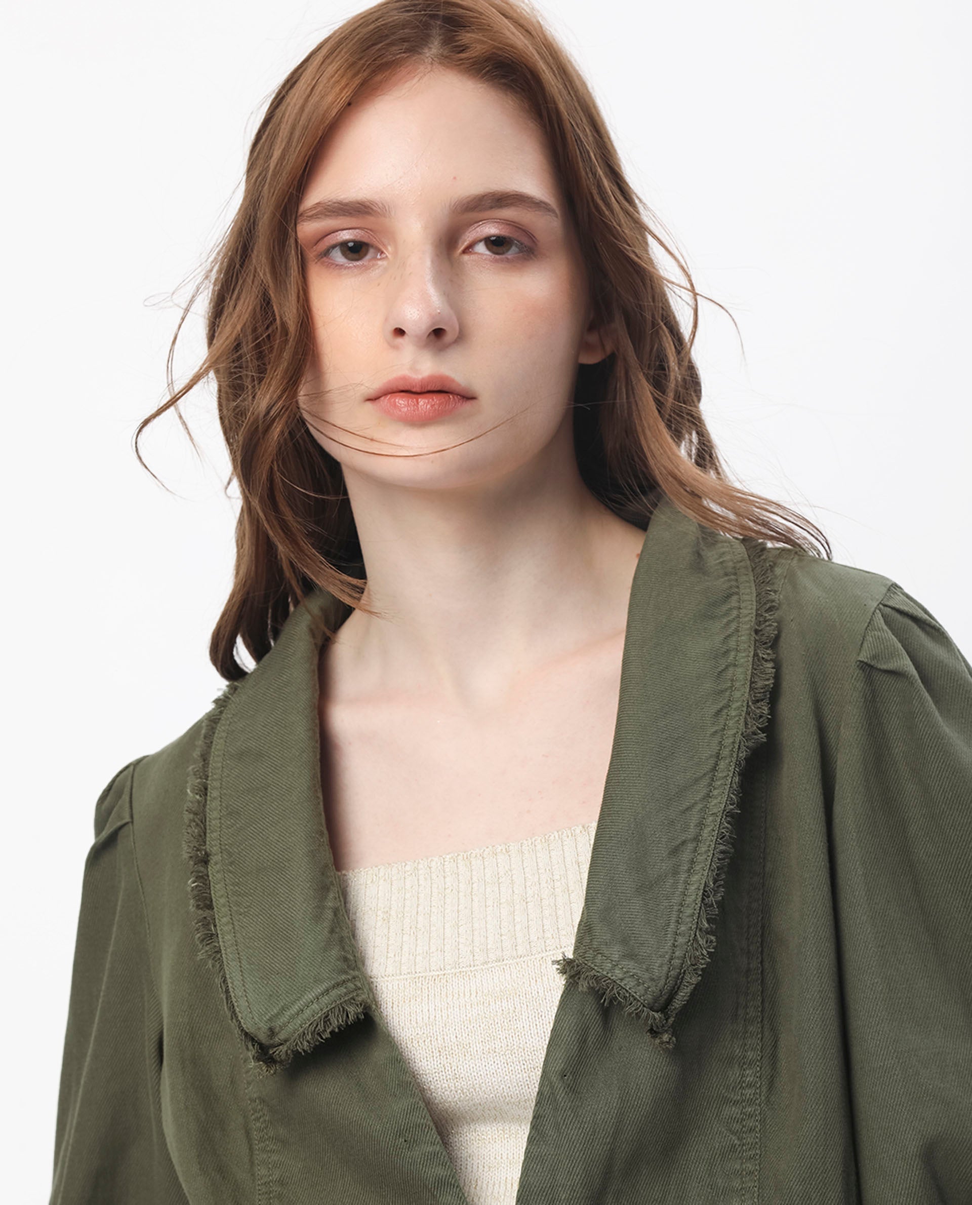 Rareism Women Reism Dark Olive Cotton Blend Fabric Full Sleeves Solid Lapel Neck Shrug