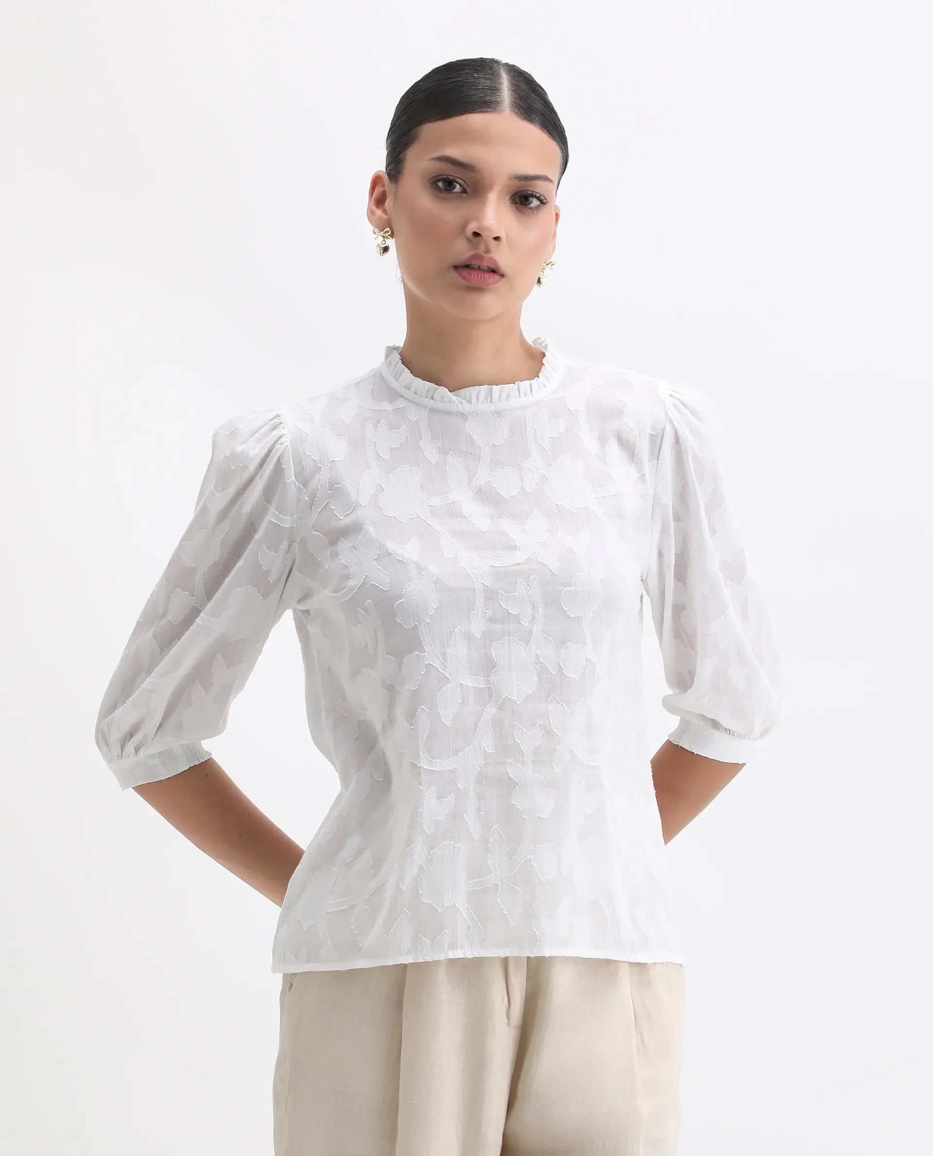 Rareism Women's Reis White Cotton Blend Crew Neck Plain Puff Sleeves Regular Fit Top