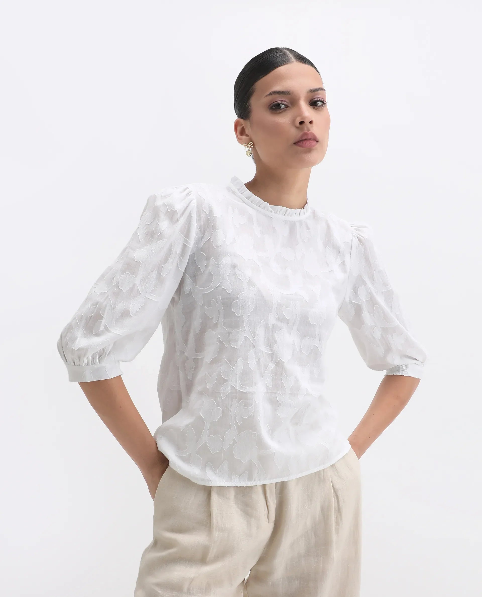Rareism Women's Reis White Cotton Blend Crew Neck Plain Puff Sleeves Regular Fit Top