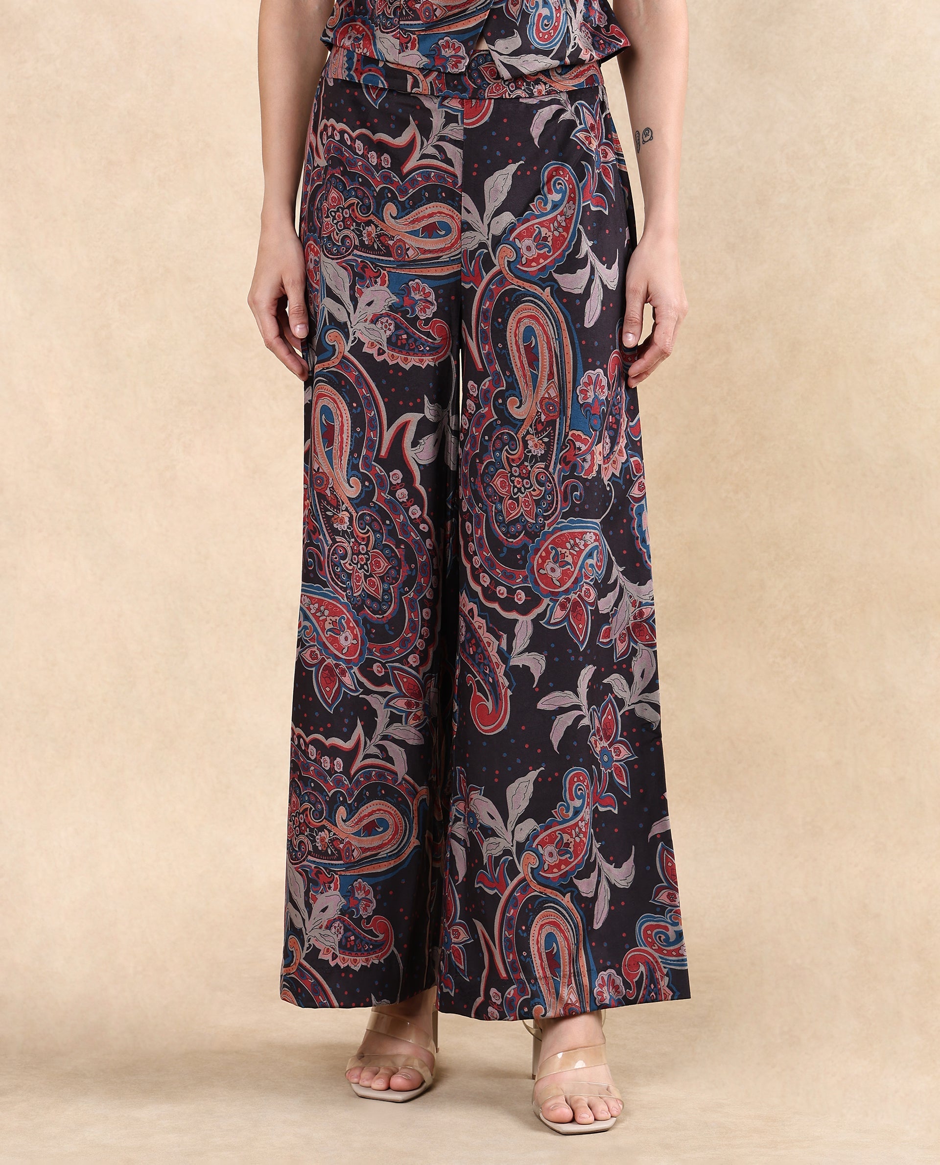 Rareism Women Remen-B Dark Multi Velvet Zipper Closure Flared Ankle Length Paisley Print Trouser