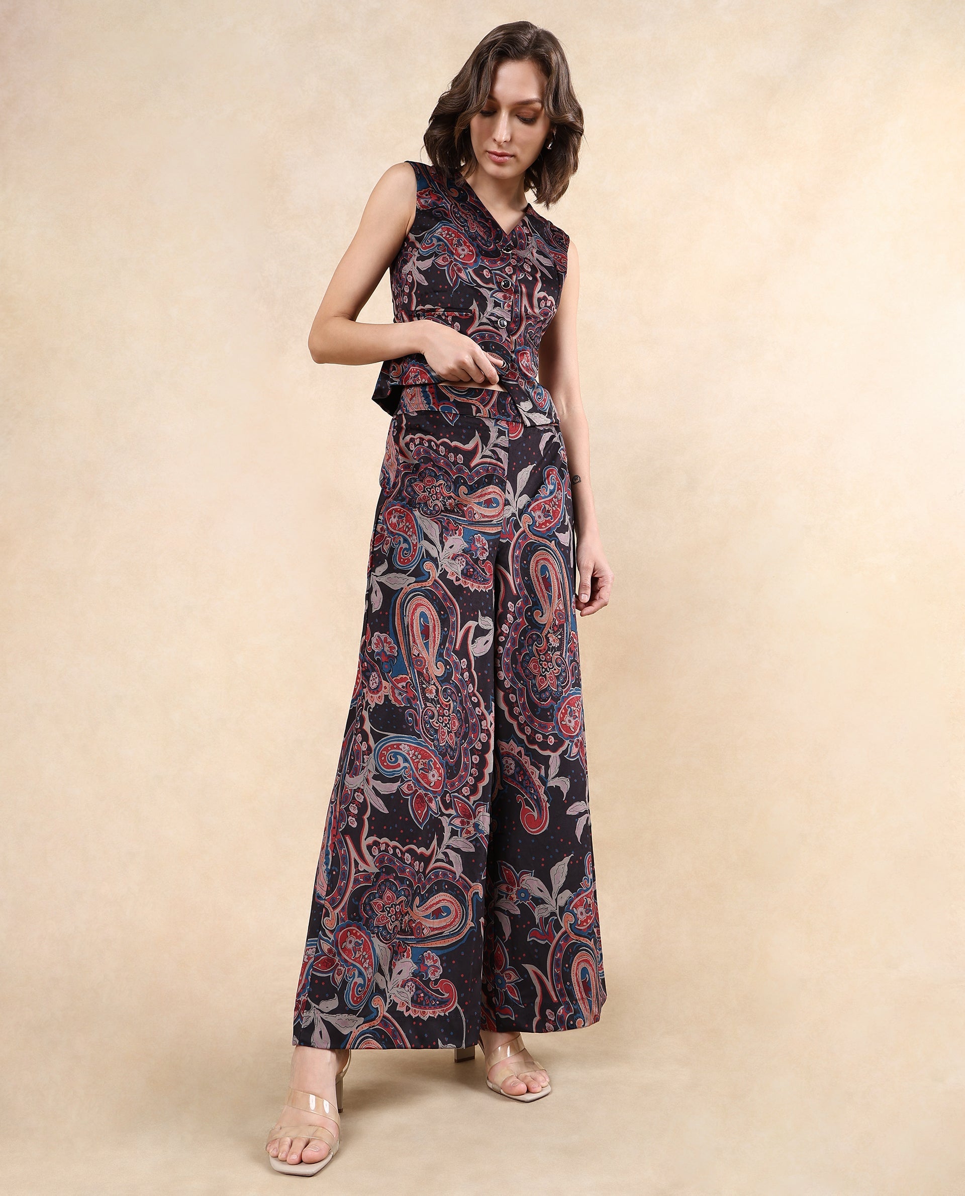 Rareism Women Remen-B Dark Multi Velvet Zipper Closure Flared Ankle Length Paisley Print Trouser