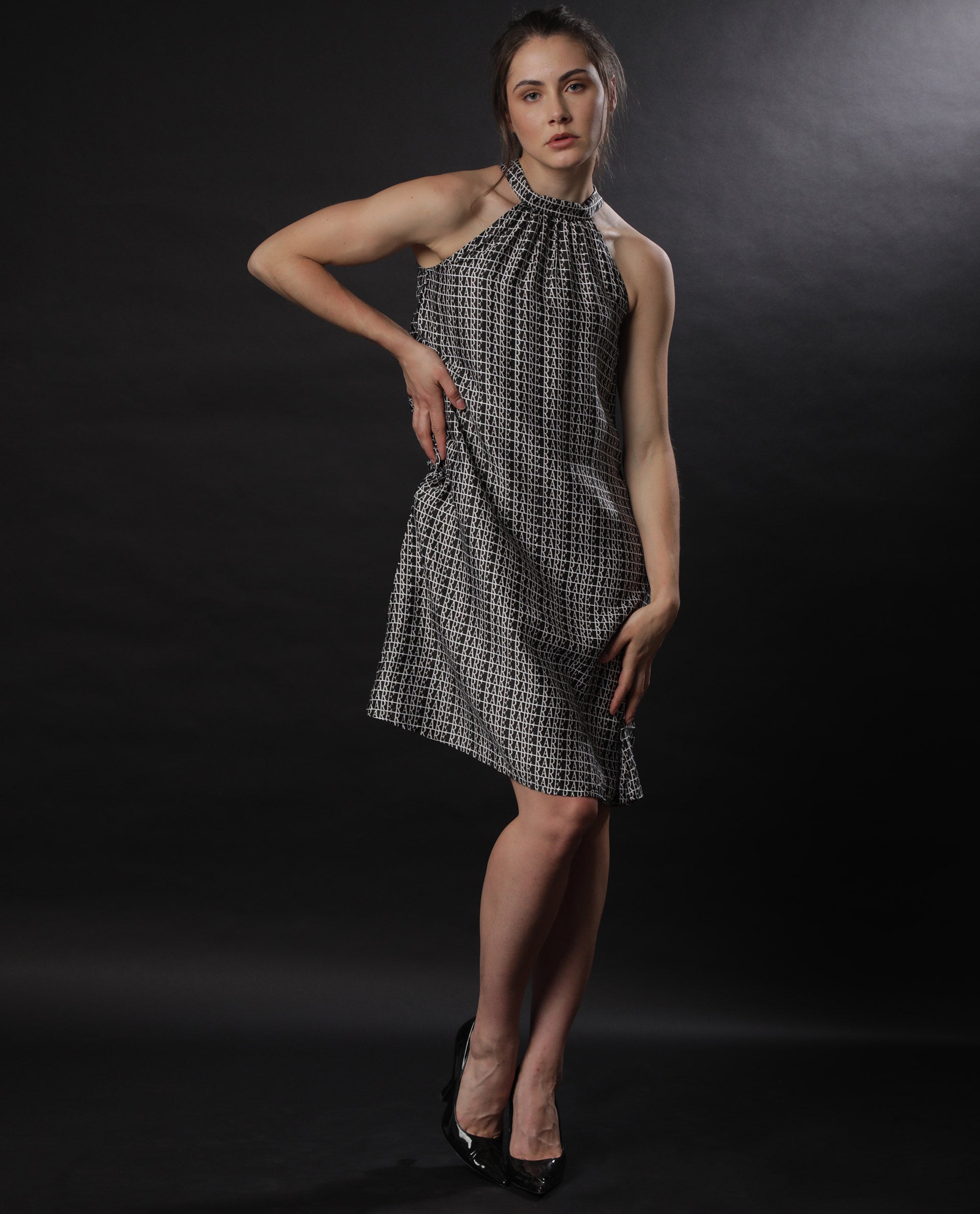 Rareism Women's Renata Black Modal Blend Halter Neck Geometric Print Sleeveless Knee Length Regular Fit Dress