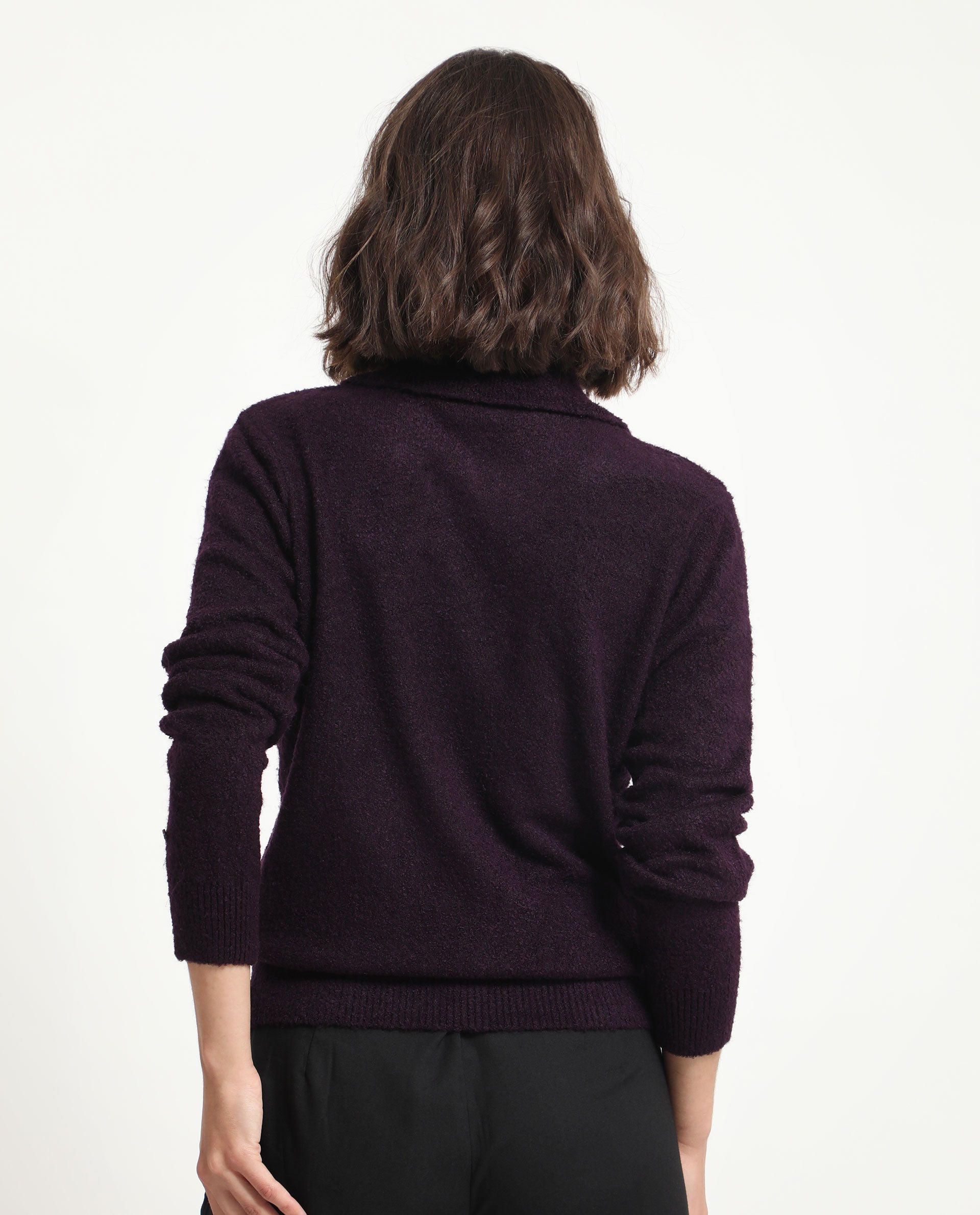 Rareism Women Reni Dark Purple Acrylic Fabric Full Sleeves Regular Fit Solid Drop Collar Sweater
