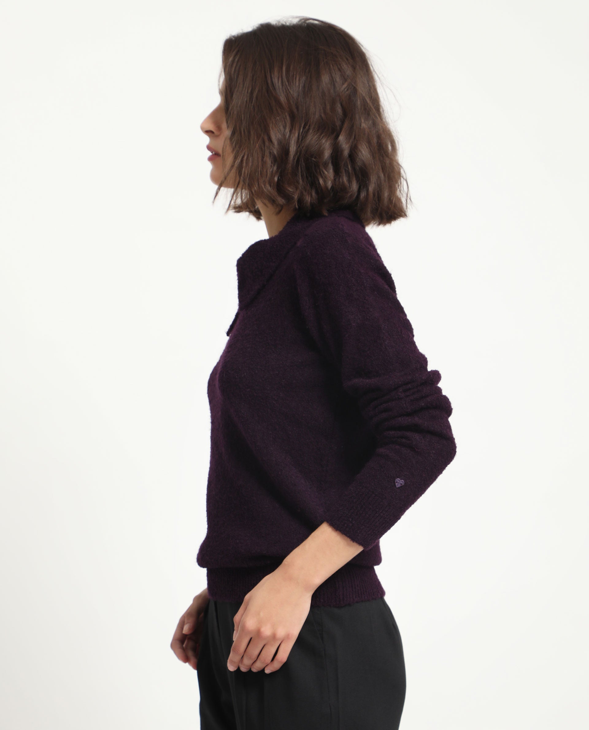 Rareism Women Reni Dark Purple Acrylic Fabric Full Sleeves Regular Fit Solid Drop Collar Sweater