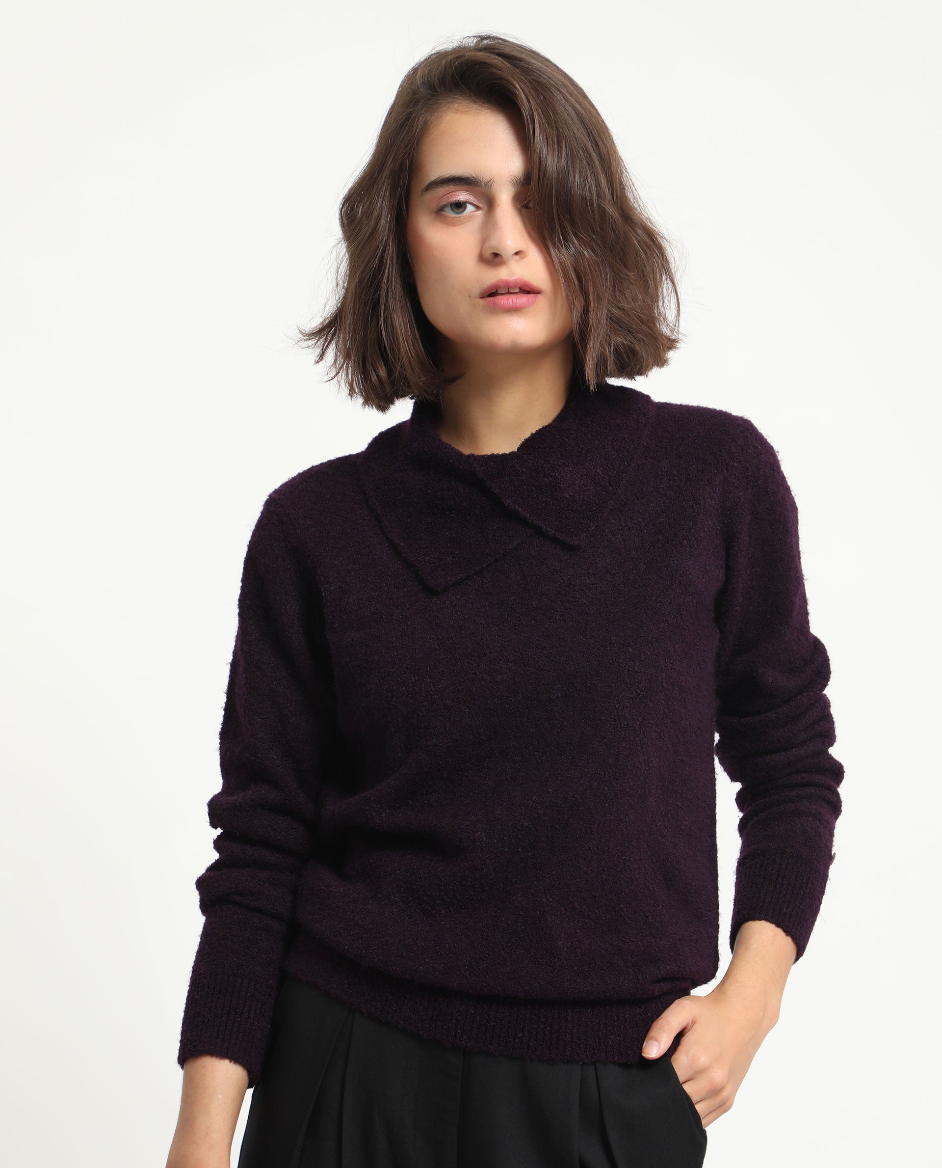 Rareism Women Reni Dark Purple Acrylic Fabric Full Sleeves Regular Fit Solid Drop Collar Sweater