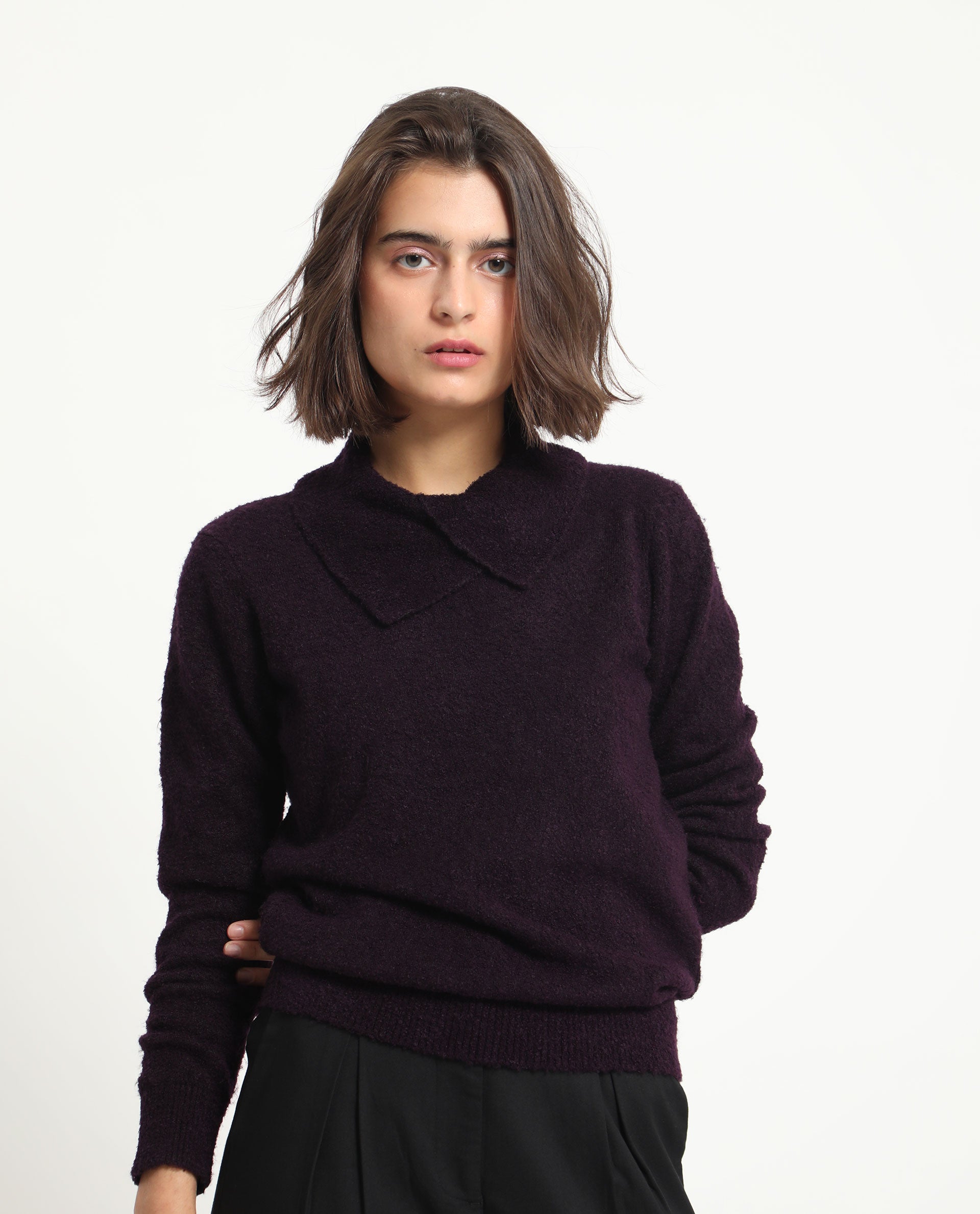 Rareism Women Reni Dark Purple Acrylic Fabric Full Sleeves Regular Fit Solid Drop Collar Sweater