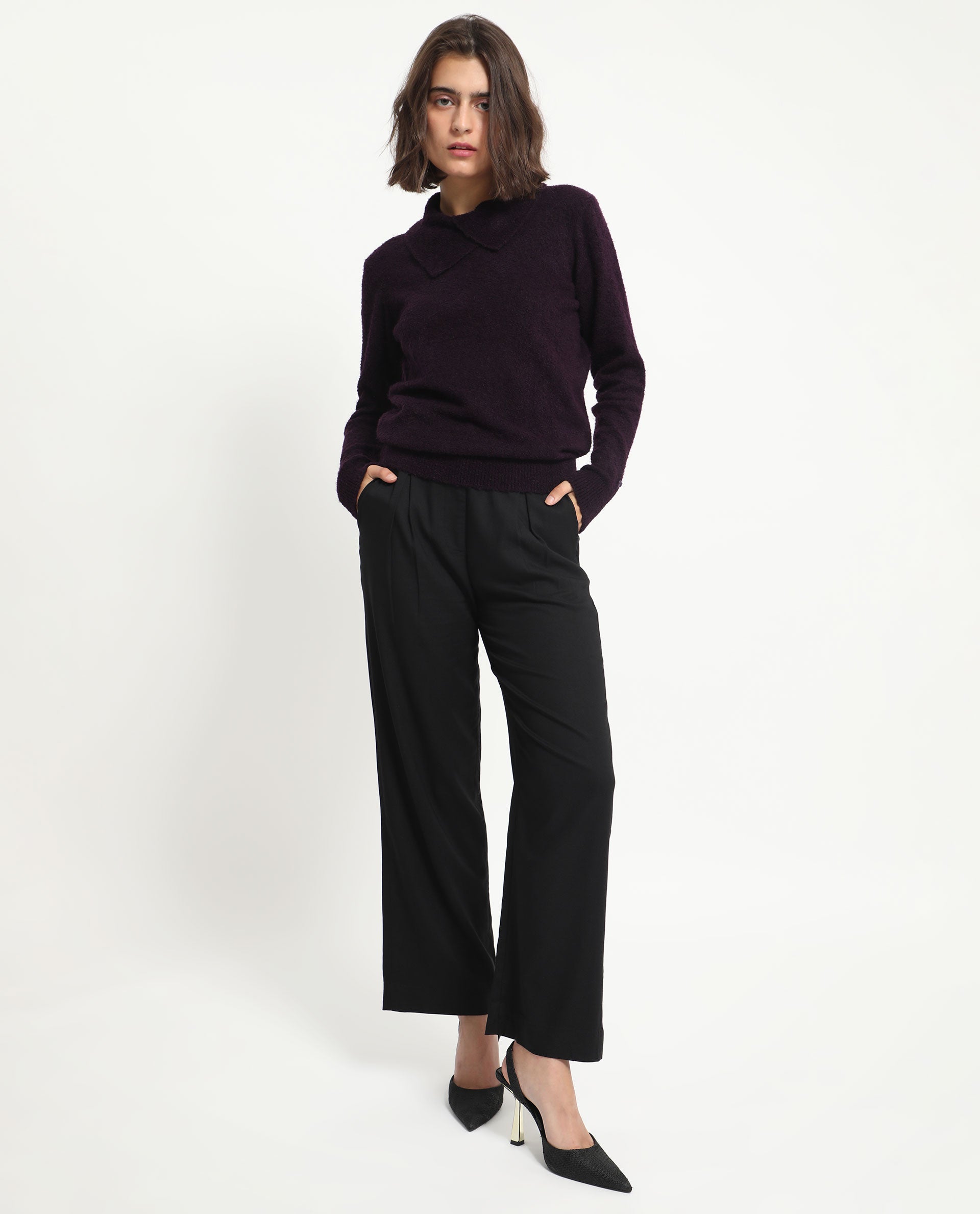 Rareism Women Reni Dark Purple Acrylic Fabric Full Sleeves Regular Fit Solid Drop Collar Sweater