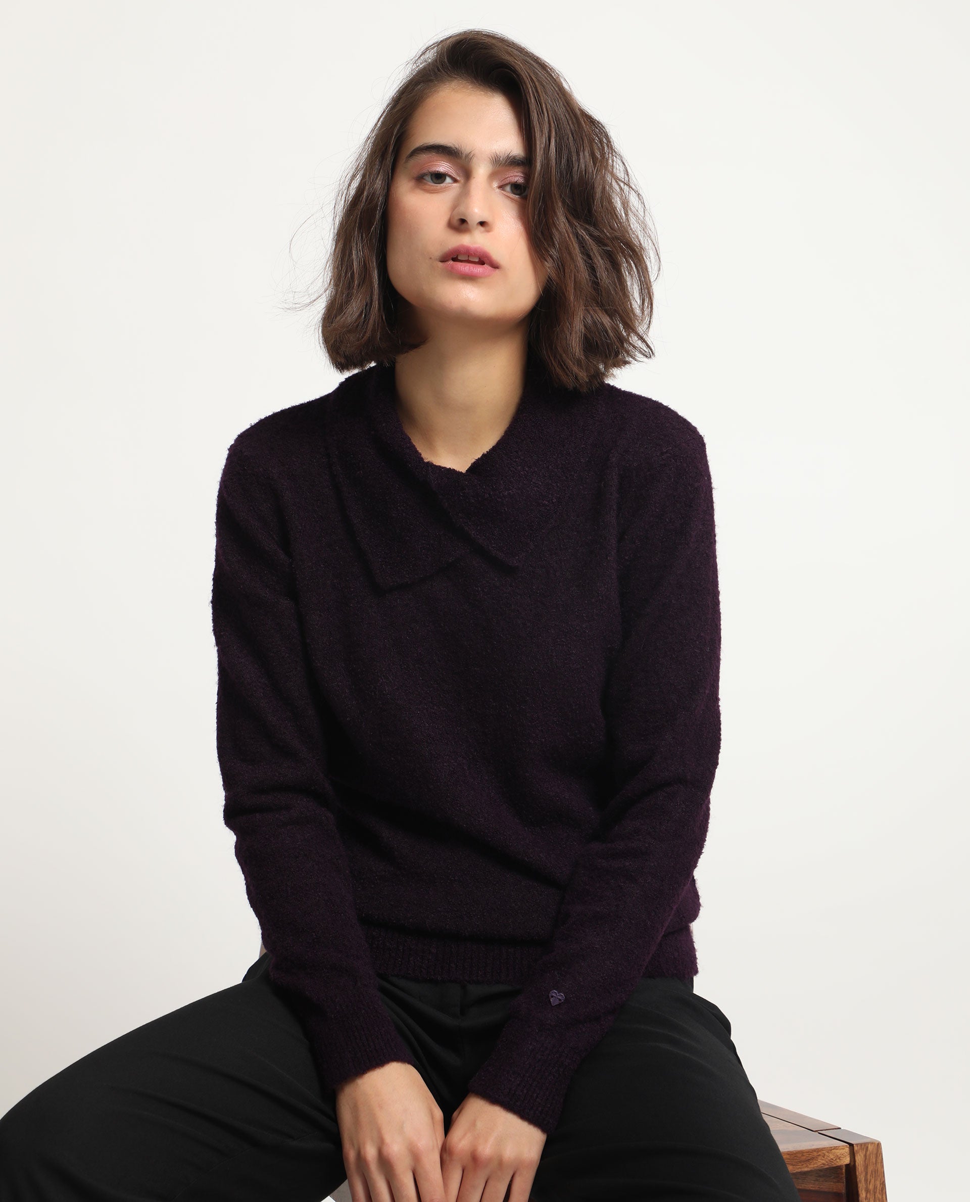 Rareism Women Reni Dark Purple Acrylic Fabric Full Sleeves Regular Fit Solid Drop Collar Sweater