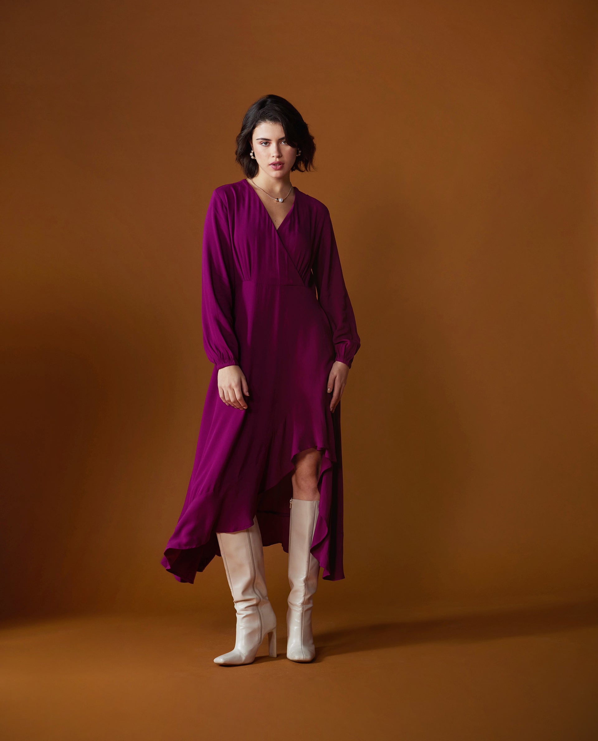 Rareism Women's Rens Dark Maroon Overlap Neck Slip-On Closure Puff Sleeve Plain Fit And Flare Maxi Dress