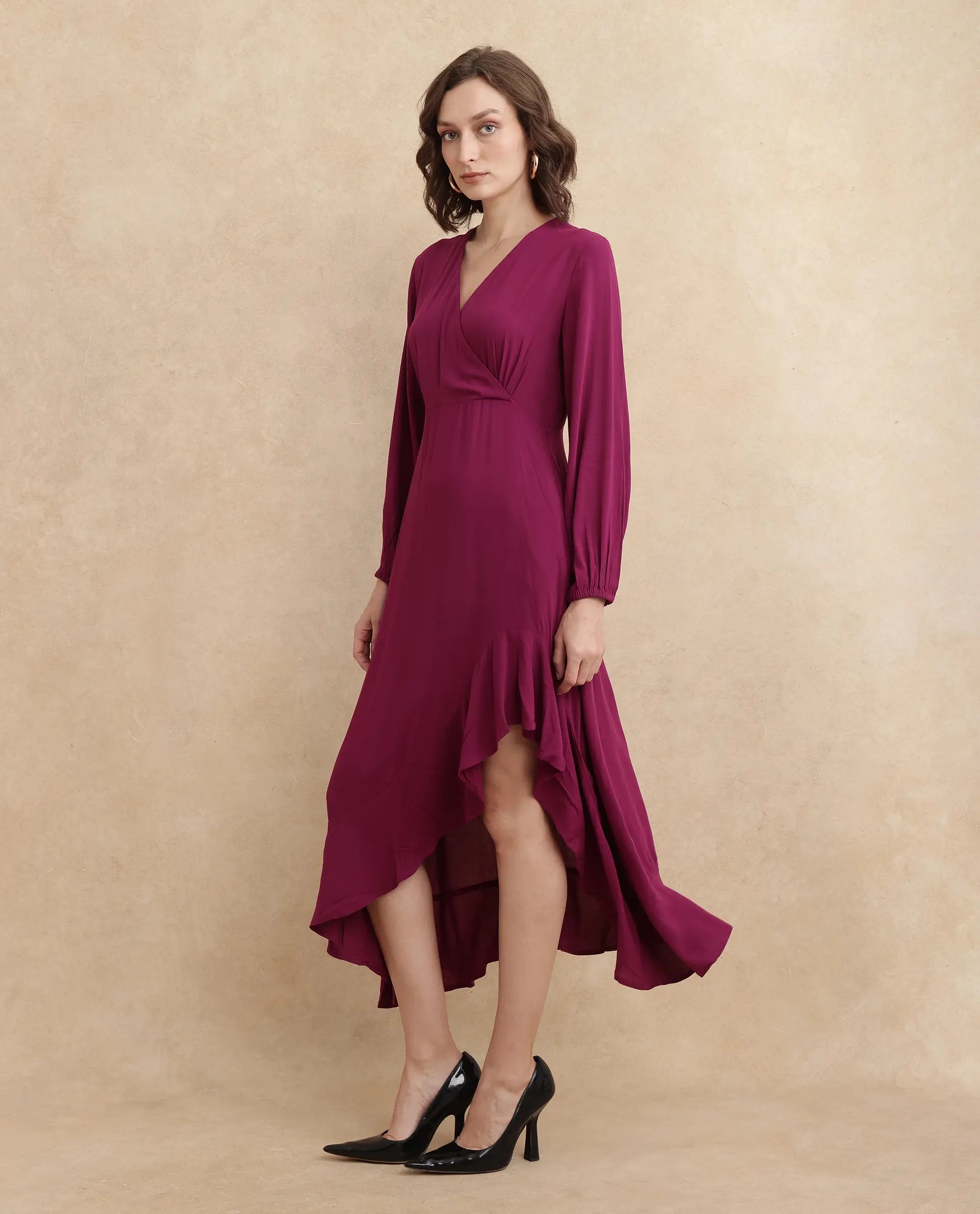 Rareism Women's Rens Dark Maroon Overlap Neck Slip-On Closure Puff Sleeve Plain Fit And Flare Maxi Dress