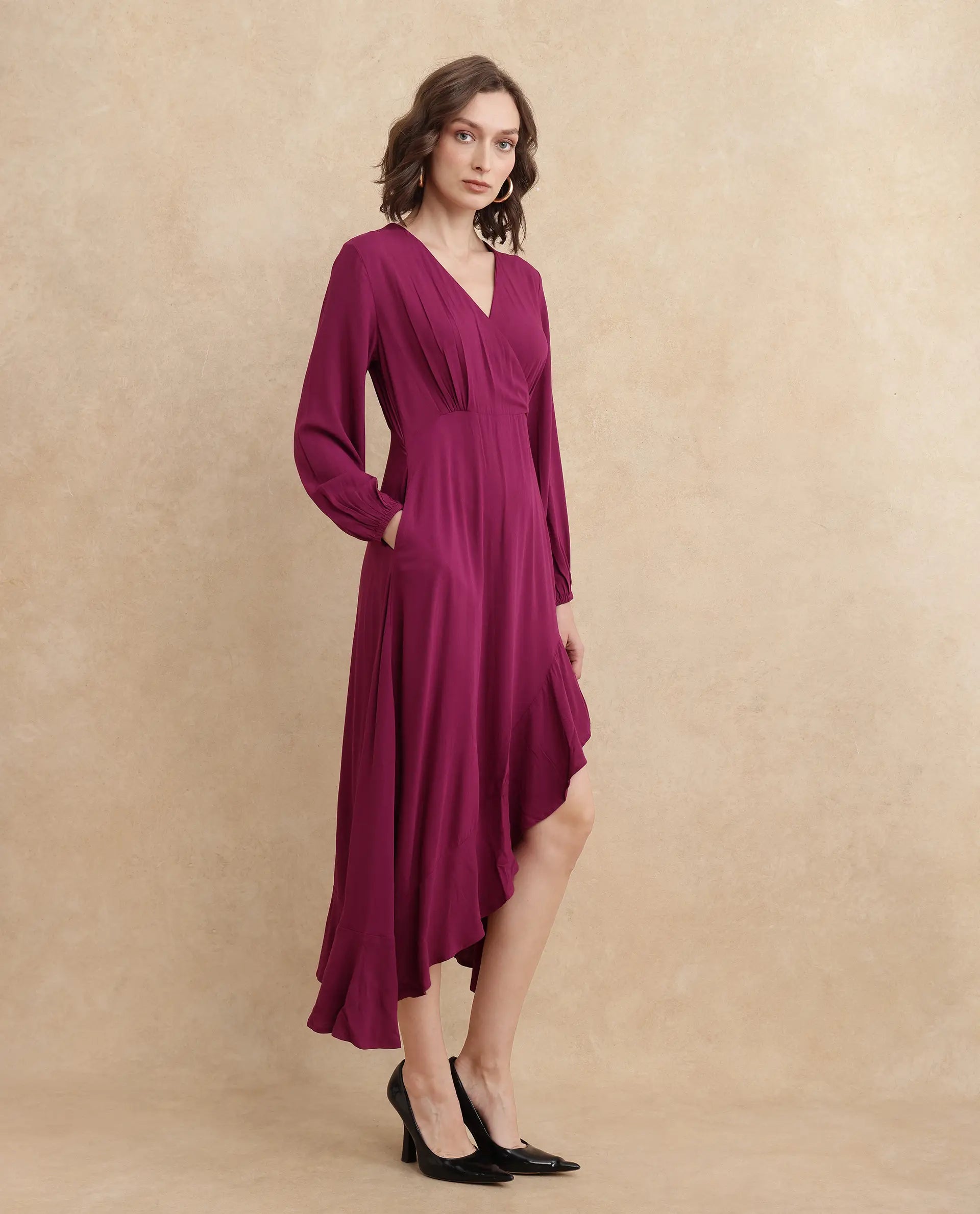 Rareism Women's Rens Dark Maroon Cotton Overlap Neck Plain Puff Sleeves Maxi Fit And Flare Dress