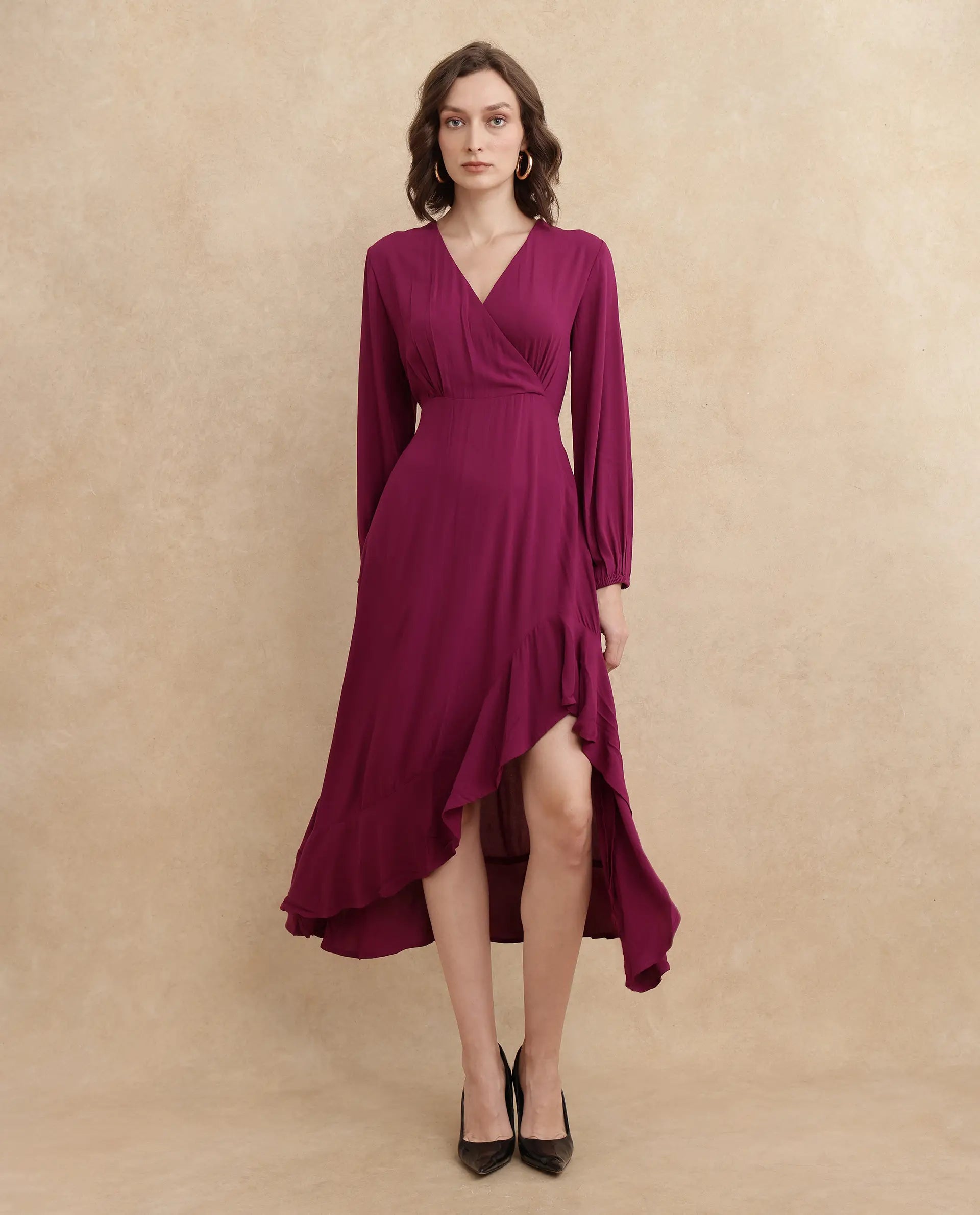 Rareism Women's Rens Dark Maroon Overlap Neck Slip-On Closure Puff Sleeve Plain Fit And Flare Maxi Dress