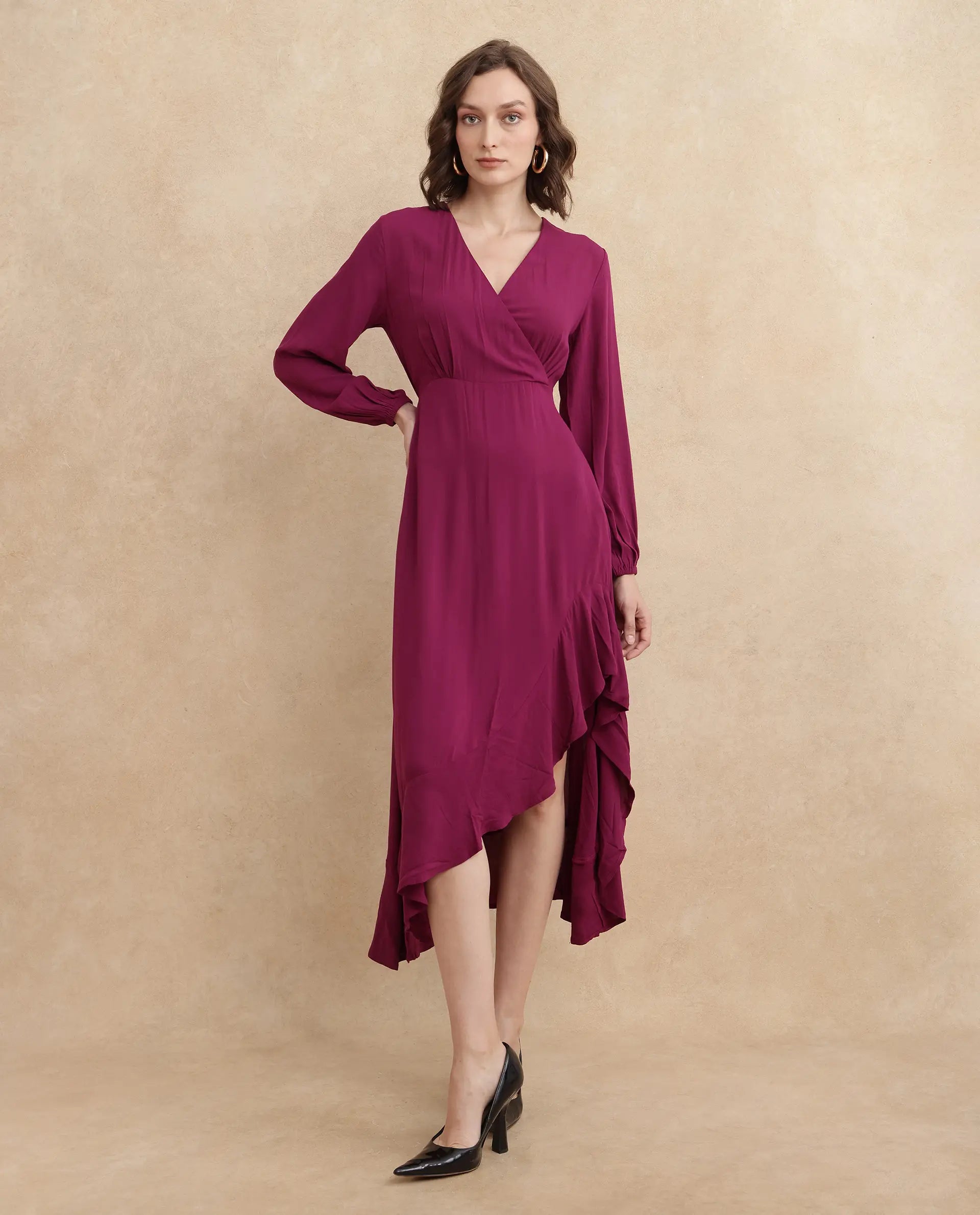 Rareism Women's Rens Dark Maroon Overlap Neck Slip-On Closure Puff Sleeve Plain Fit And Flare Maxi Dress