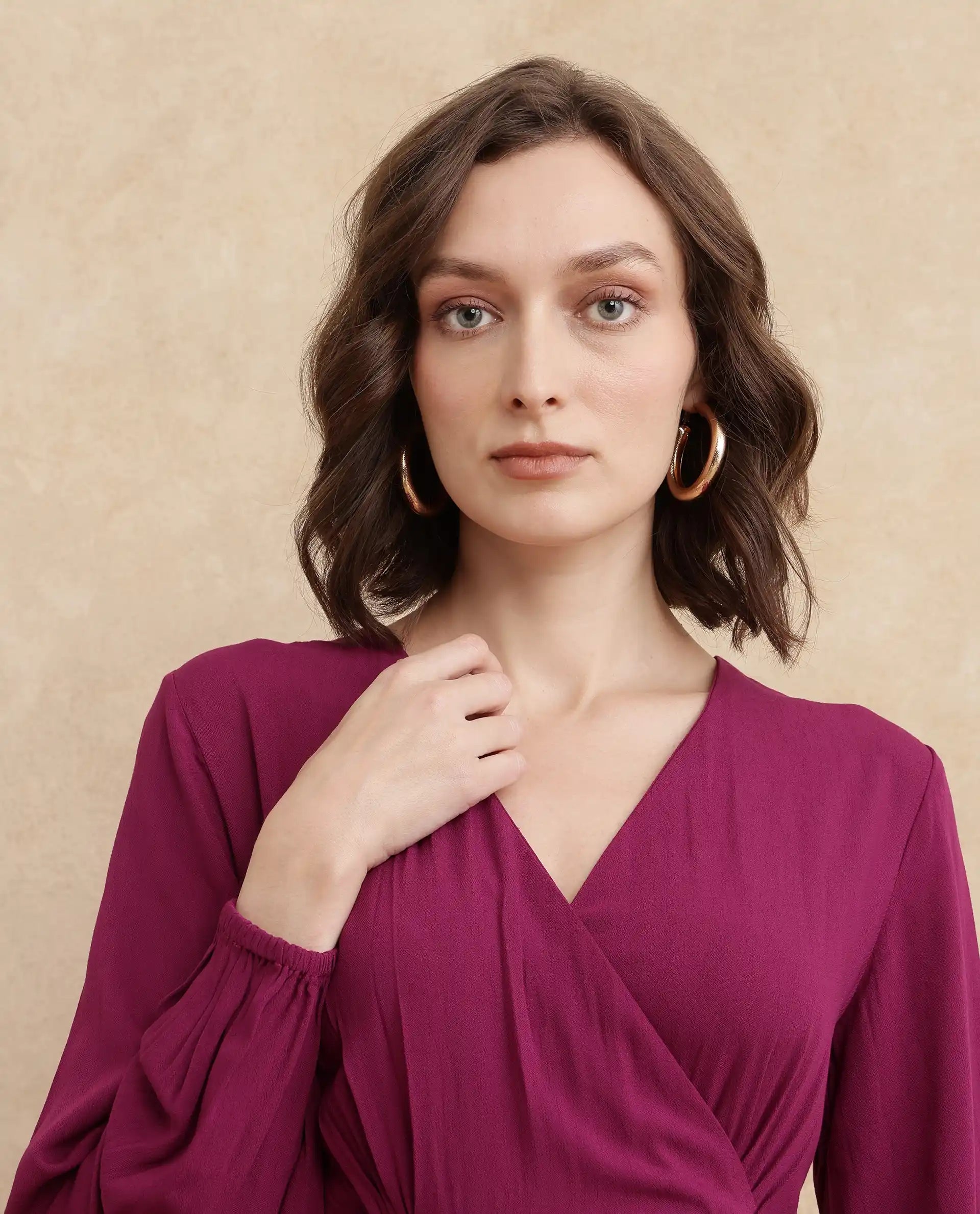 Rareism Women's Rens Dark Maroon Cotton Overlap Neck Plain Puff Sleeves Maxi Fit And Flare Dress