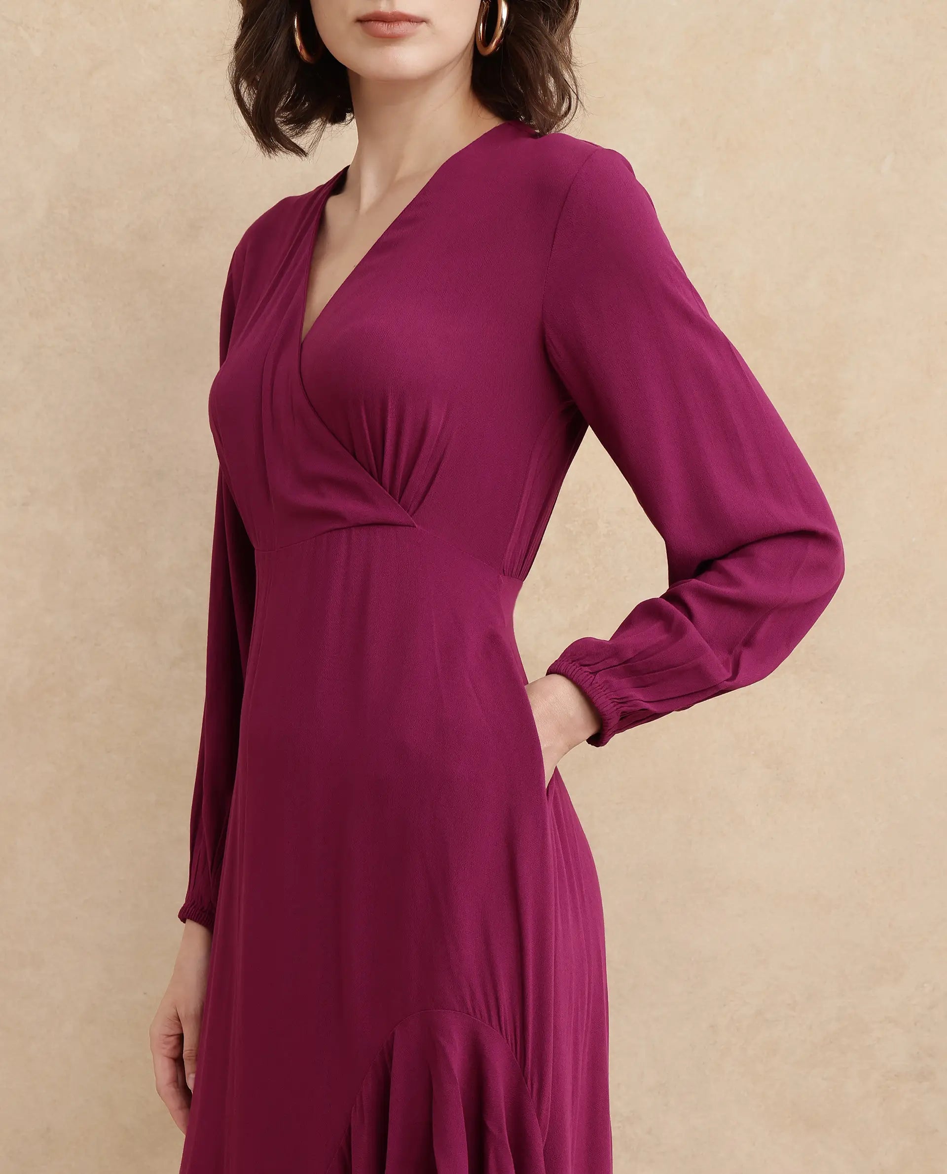 Rareism Women's Rens Dark Maroon Overlap Neck Slip-On Closure Puff Sleeve Plain Fit And Flare Maxi Dress