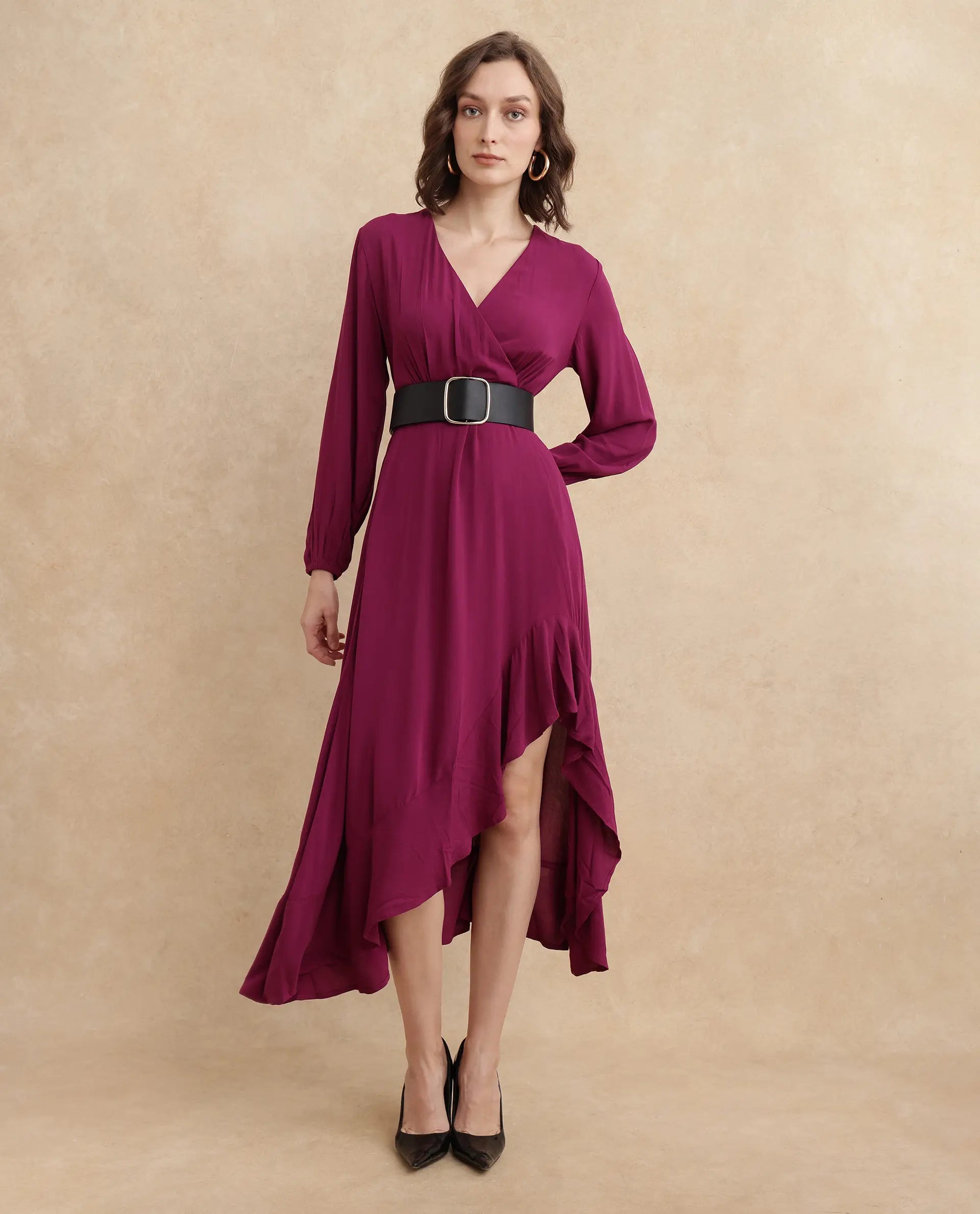 Rareism Women's Rens Dark Maroon Cotton Overlap Neck Plain Puff Sleeves Maxi Fit And Flare Dress