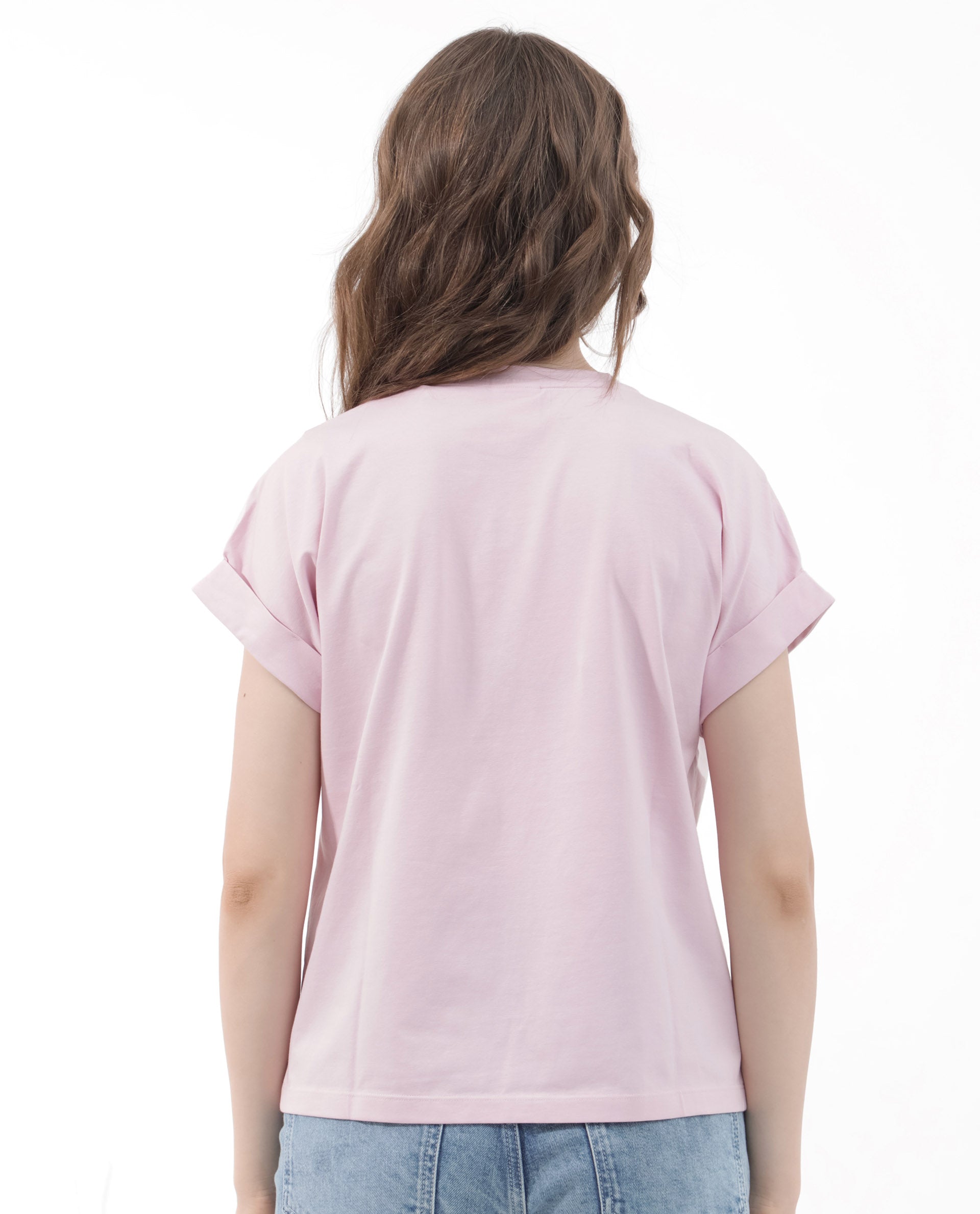 Rareism Women Rento Pink Cotton Elastane Fabric Crew Neck Knit Solid T-Shirt