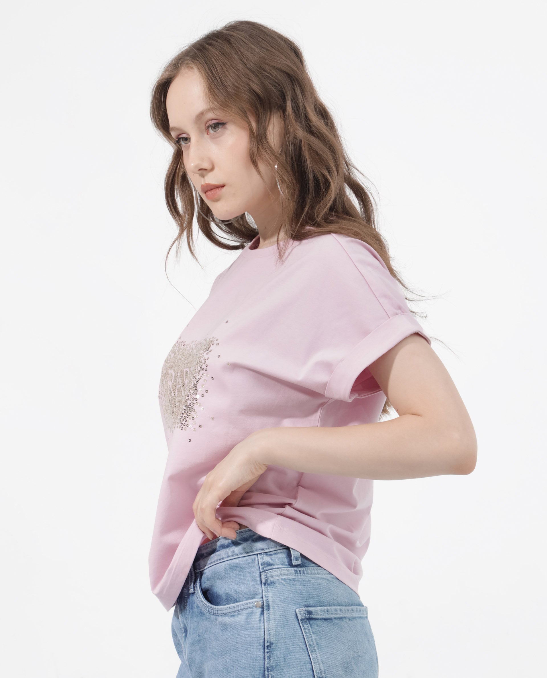 Rareism Women Rento Pink Cotton Elastane Fabric Crew Neck Knit Solid T-Shirt