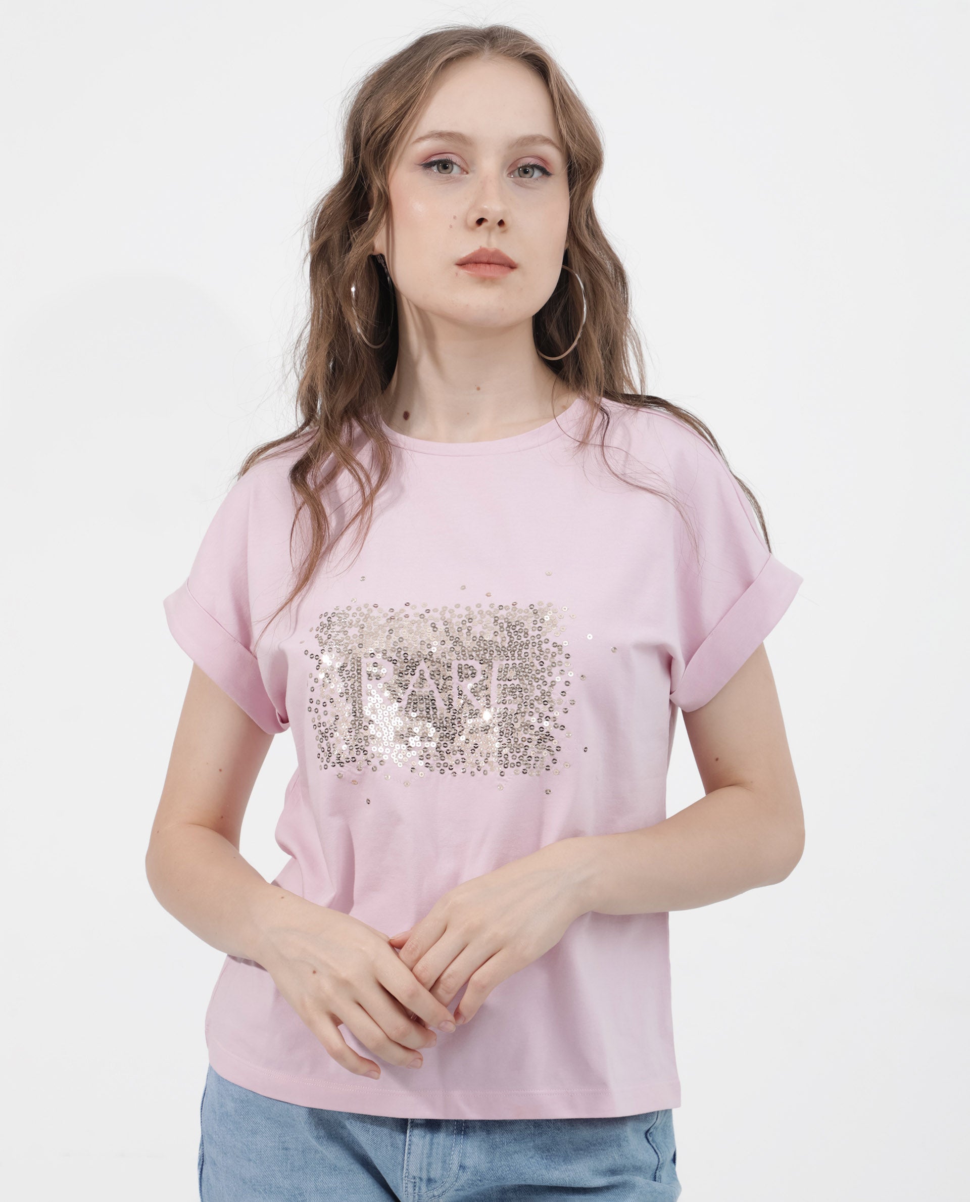 Rareism Women Rento Pink Cotton Elastane Fabric Crew Neck Knit Solid T-Shirt