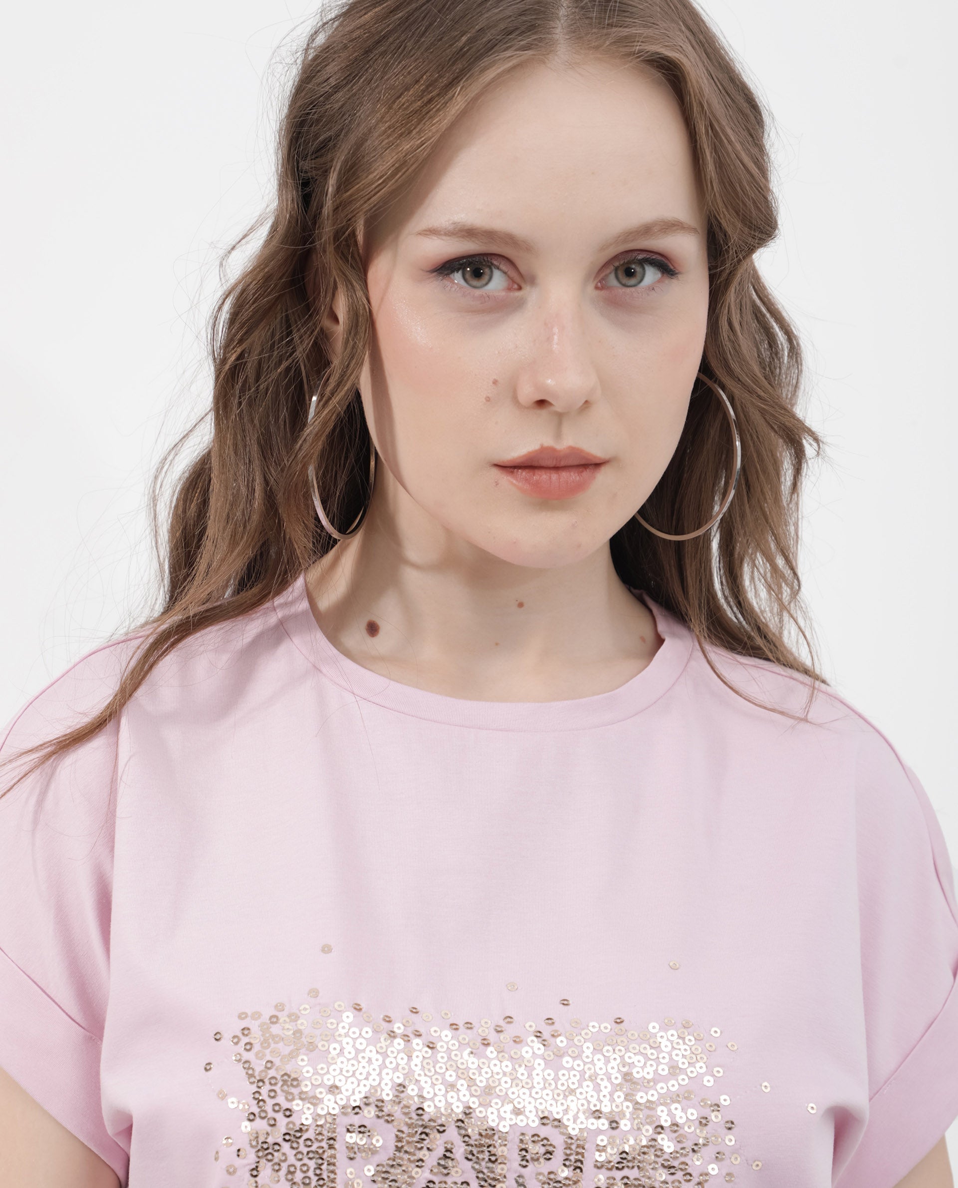 Rareism Women Rento Pink Cotton Elastane Fabric Crew Neck Knit Solid T-Shirt