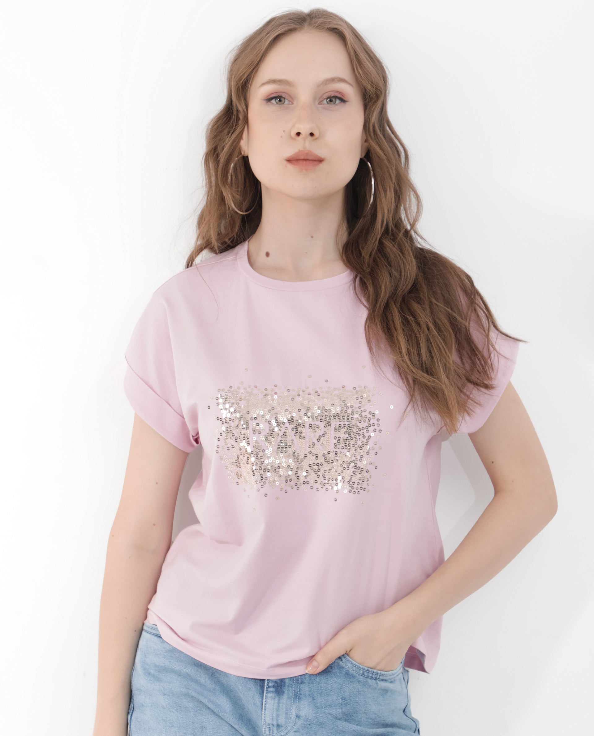 Rareism Women Rento Pink Cotton Elastane Fabric Crew Neck Knit Solid T-Shirt