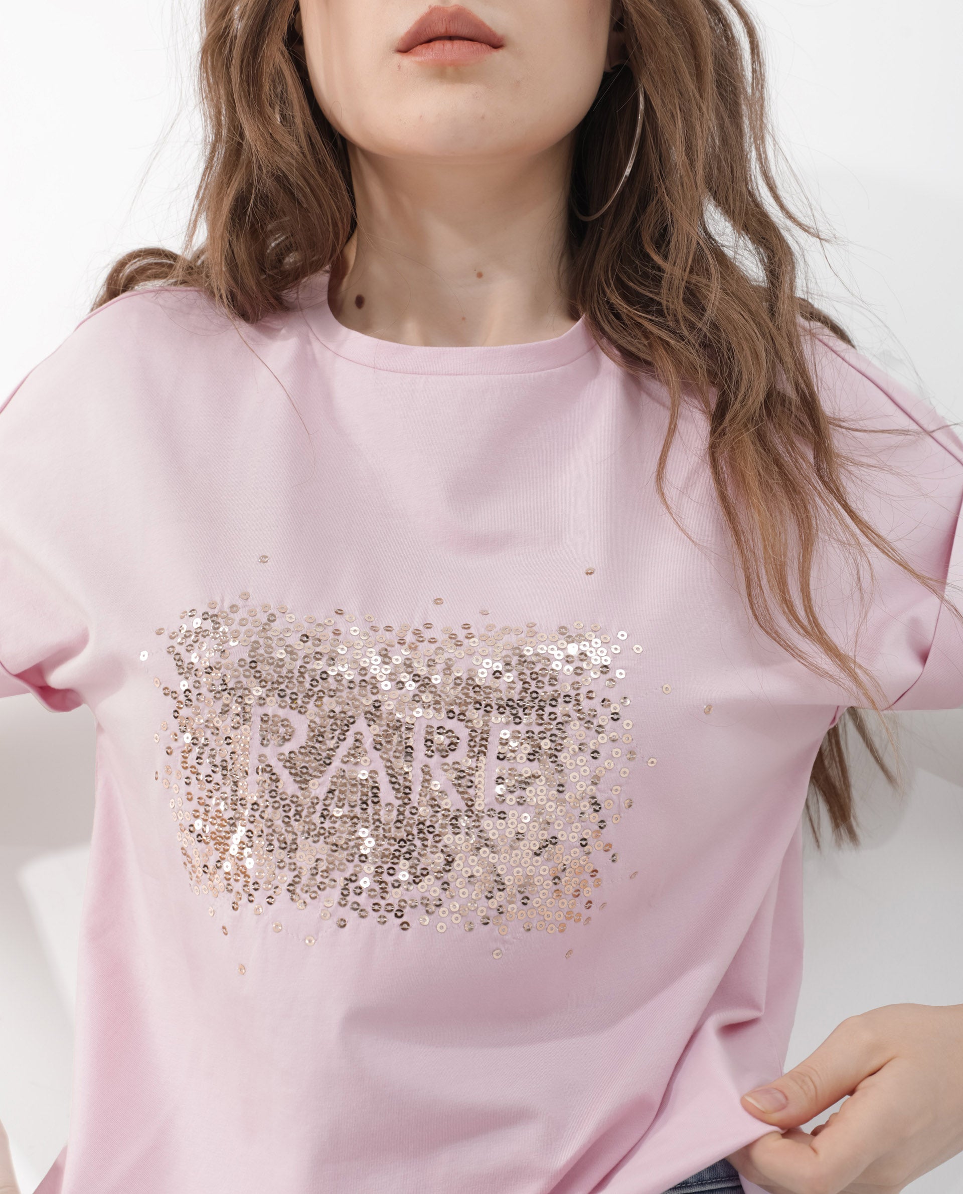 Rareism Women Rento Pink Cotton Elastane Fabric Crew Neck Knit Solid T-Shirt