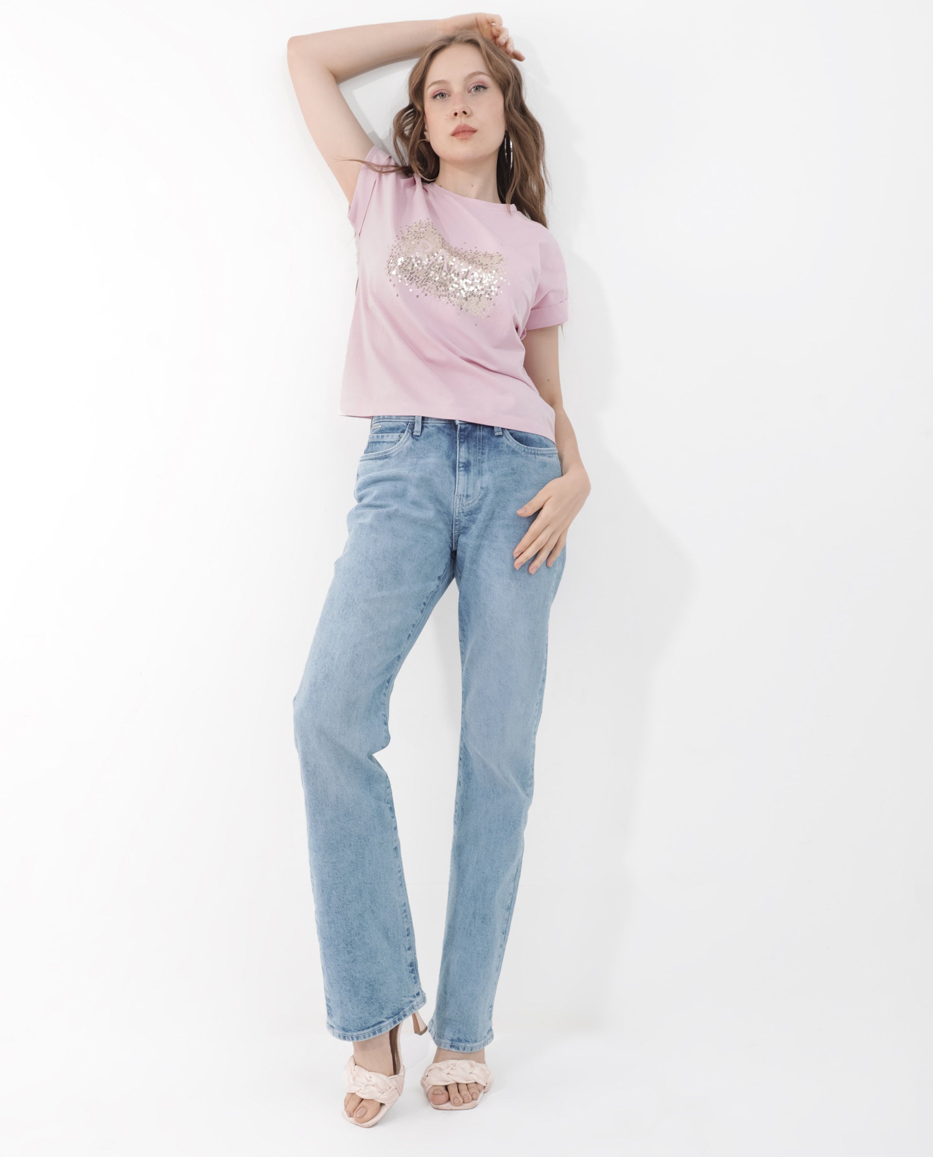 Rareism Women Rento Pink Cotton Elastane Fabric Crew Neck Knit Solid T-Shirt