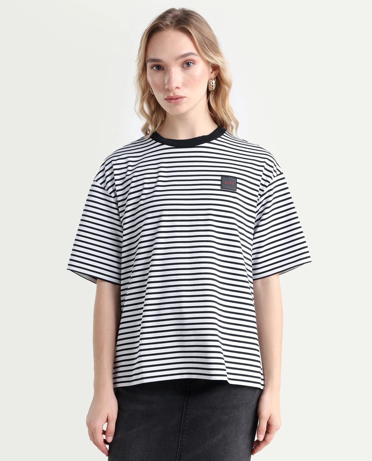 Rareism Women's Reph White Cotton Blend Crew Neck Striped Relaxed Fit T-Shirt