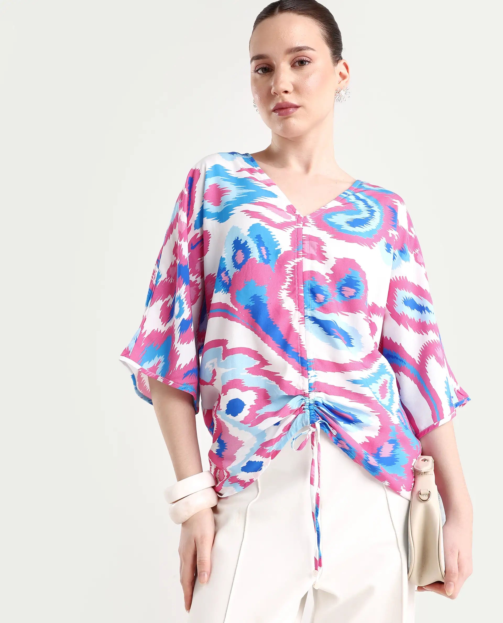 Rareism Women's Repio-T Pastel Viscose V-Neck Abstract Print Extended Sleeves Relaxed Fit Top