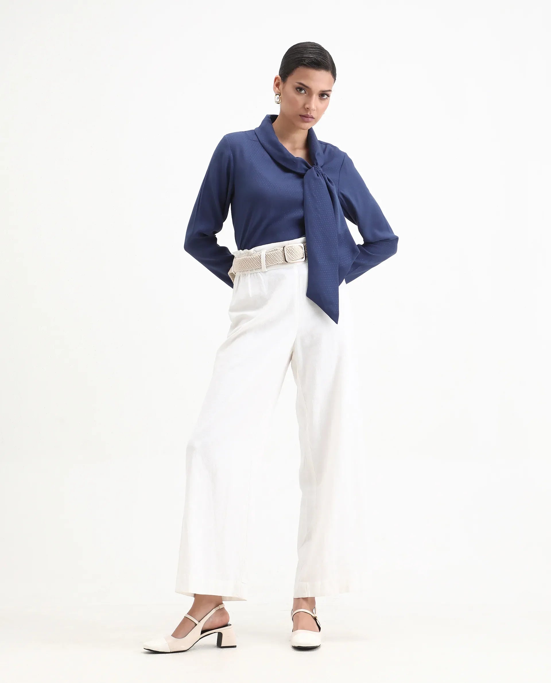 Rareism Women's Repowo Navy Polyester Tie-Up Neck Plain Regular Fit Top