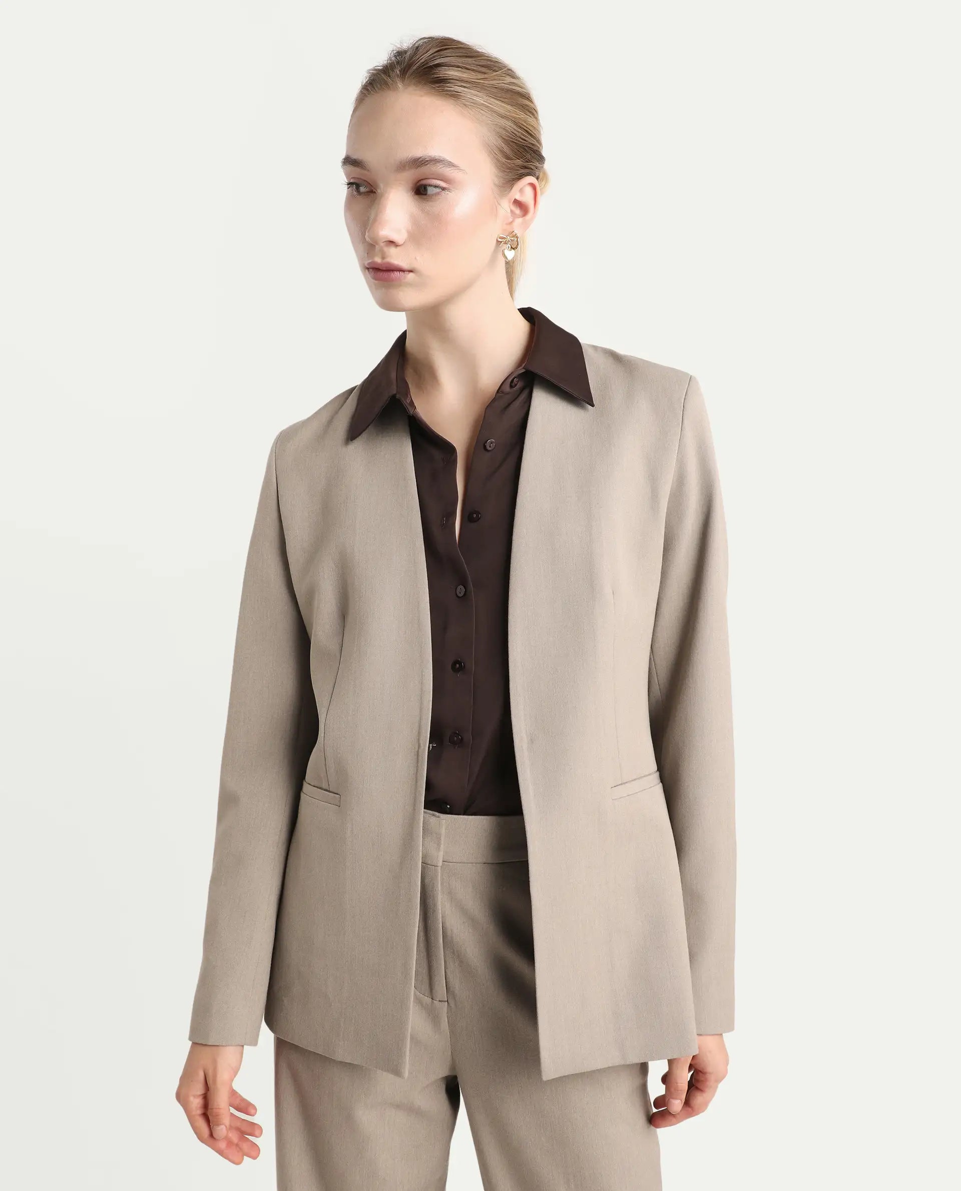 Rareism Women's Resha Fawn Polyester Fabric Full Sleeve Plain Blazer