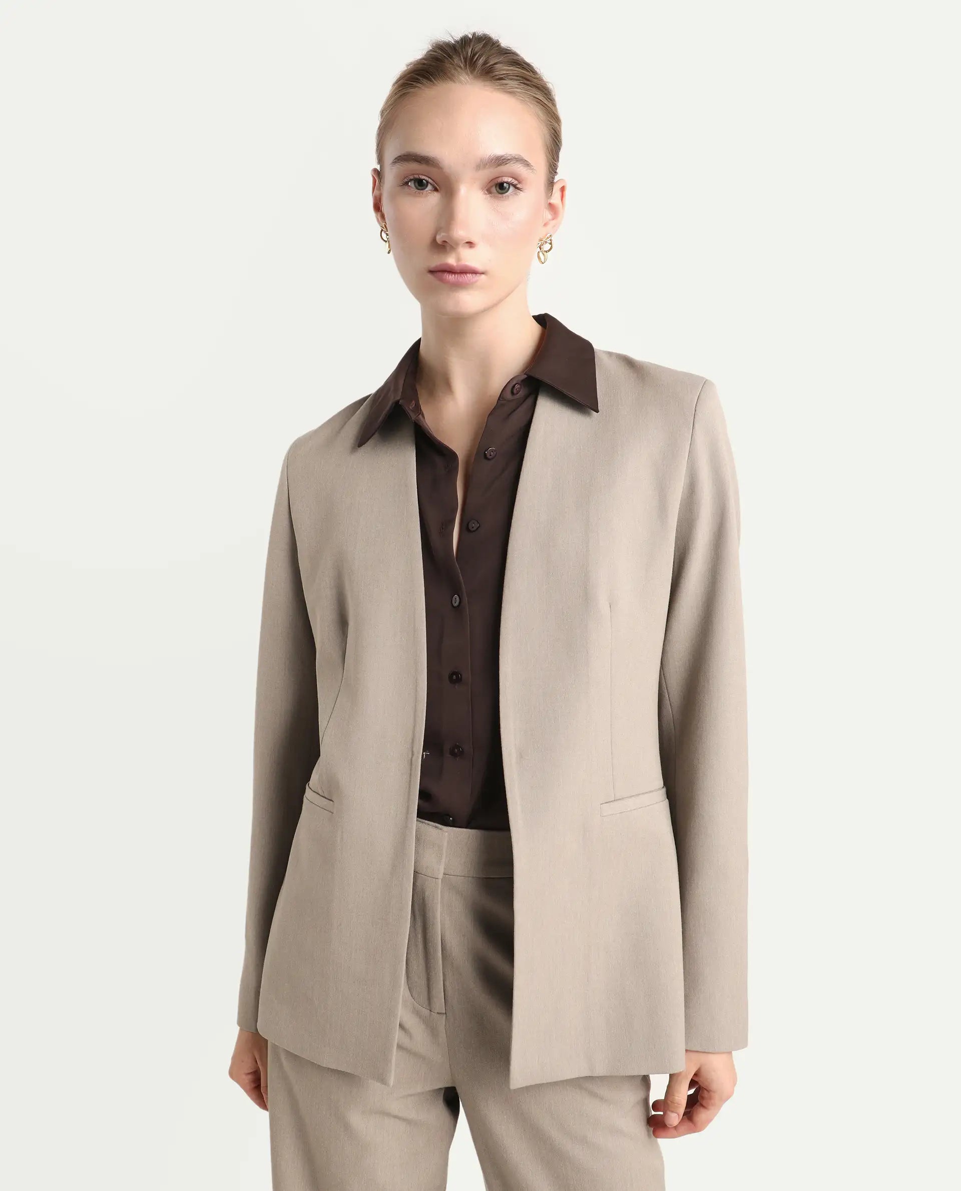Rareism Women's Resha Fawn Polyester Fabric Full Sleeve Plain Blazer