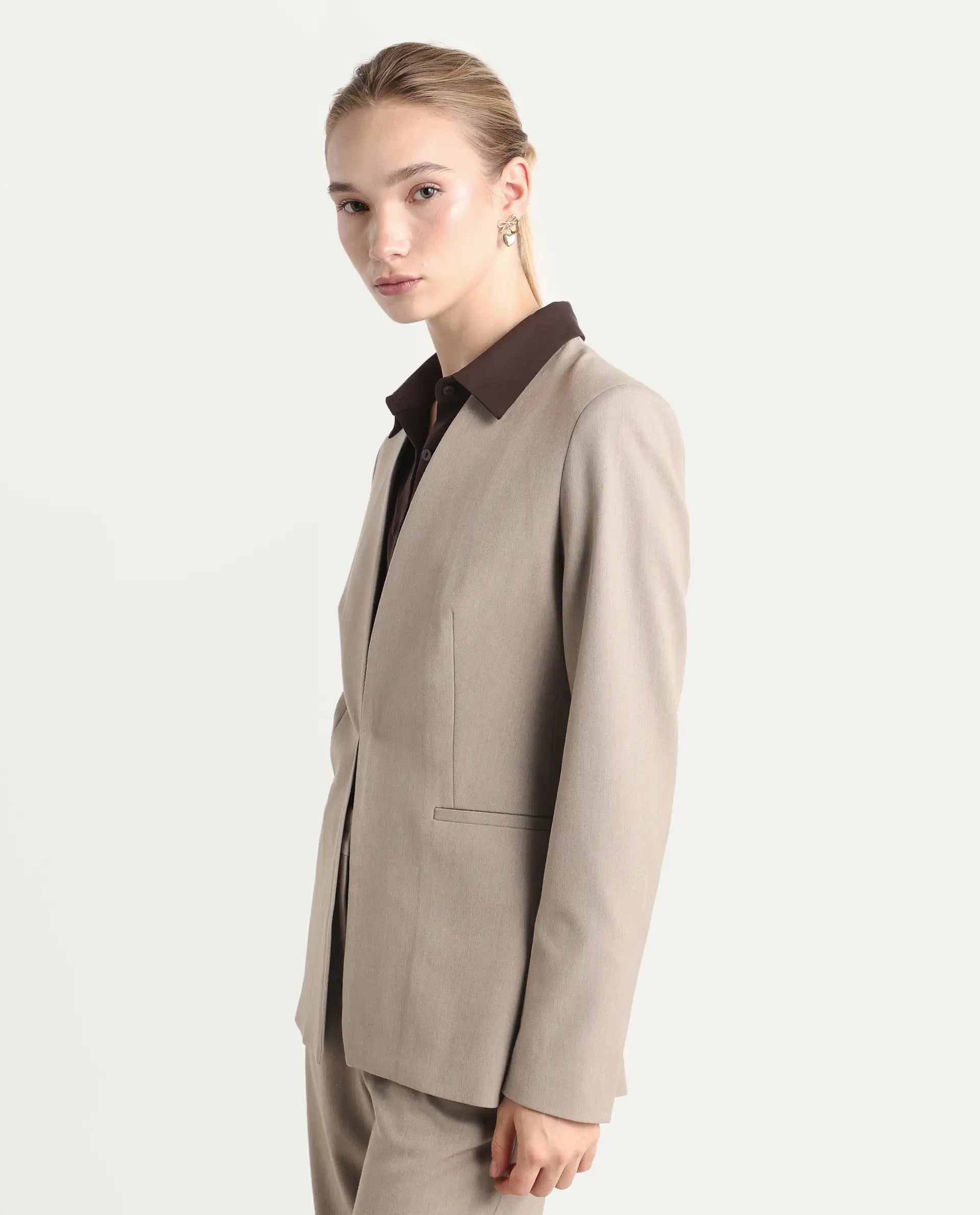 Rareism Women's Resha Fawn Polyester Fabric Full Sleeve Plain Blazer