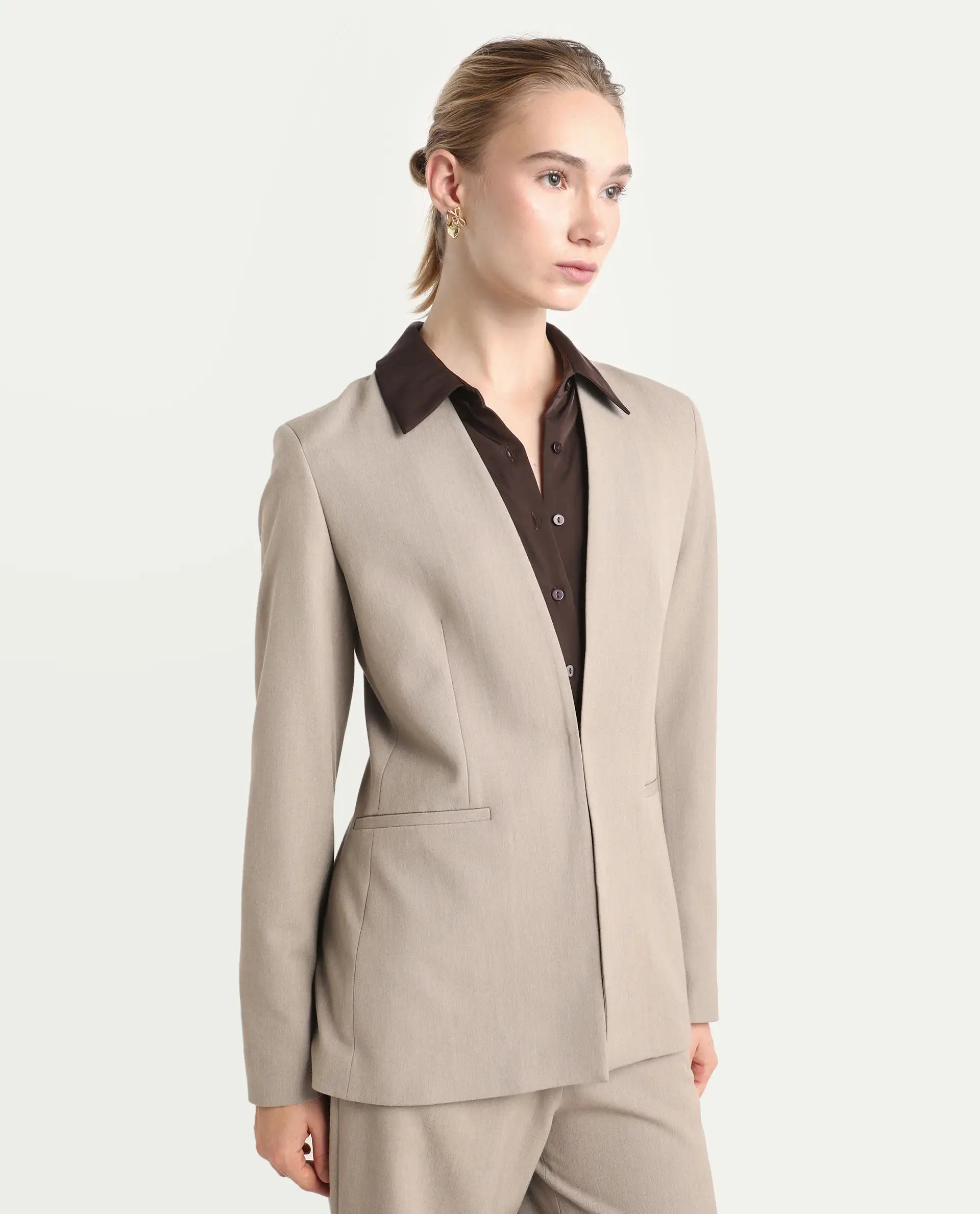 Rareism Women's Resha Fawn Polyester Fabric Full Sleeve Plain Blazer