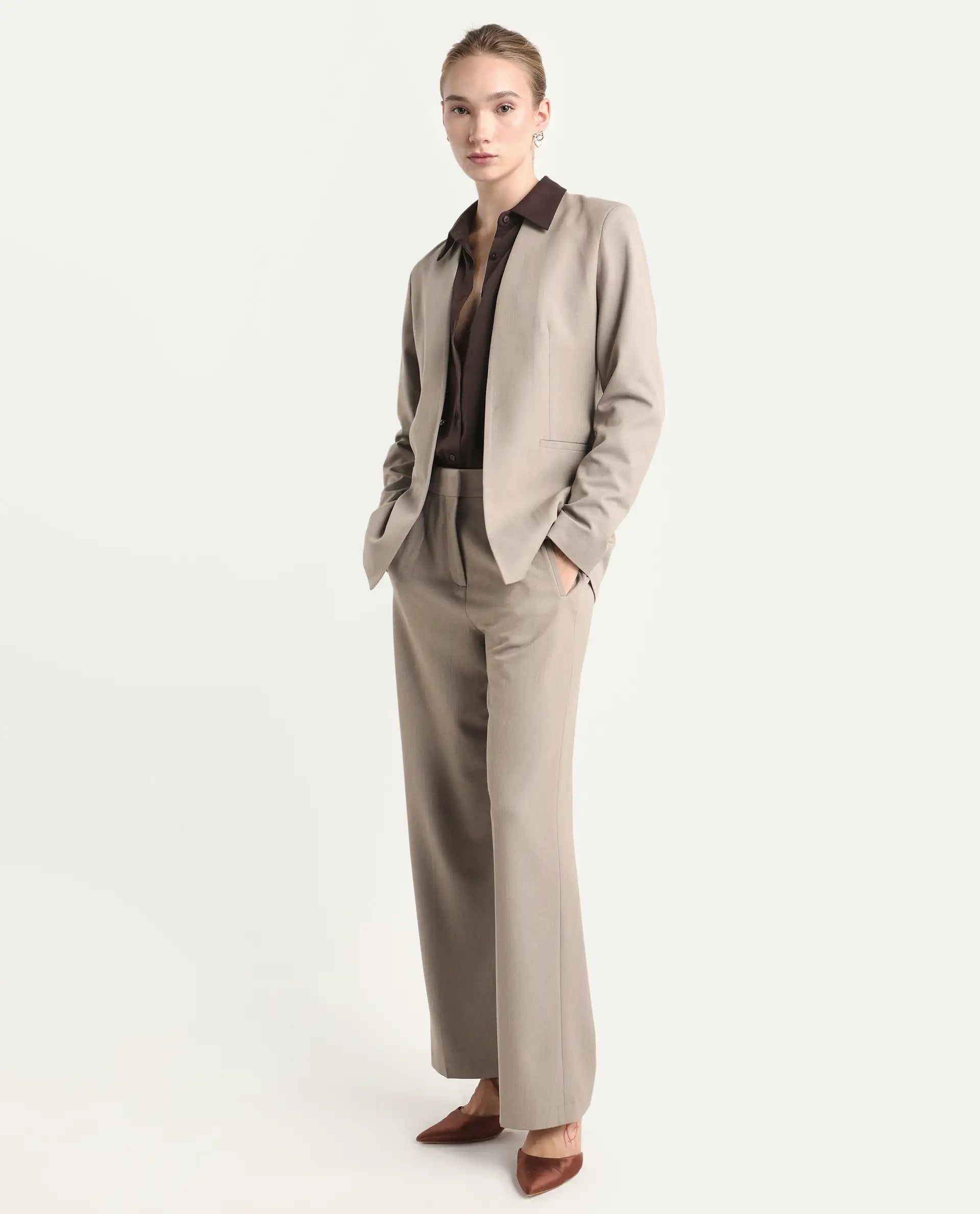 Rareism Women's Resha Fawn Polyester Fabric Full Sleeve Plain Blazer