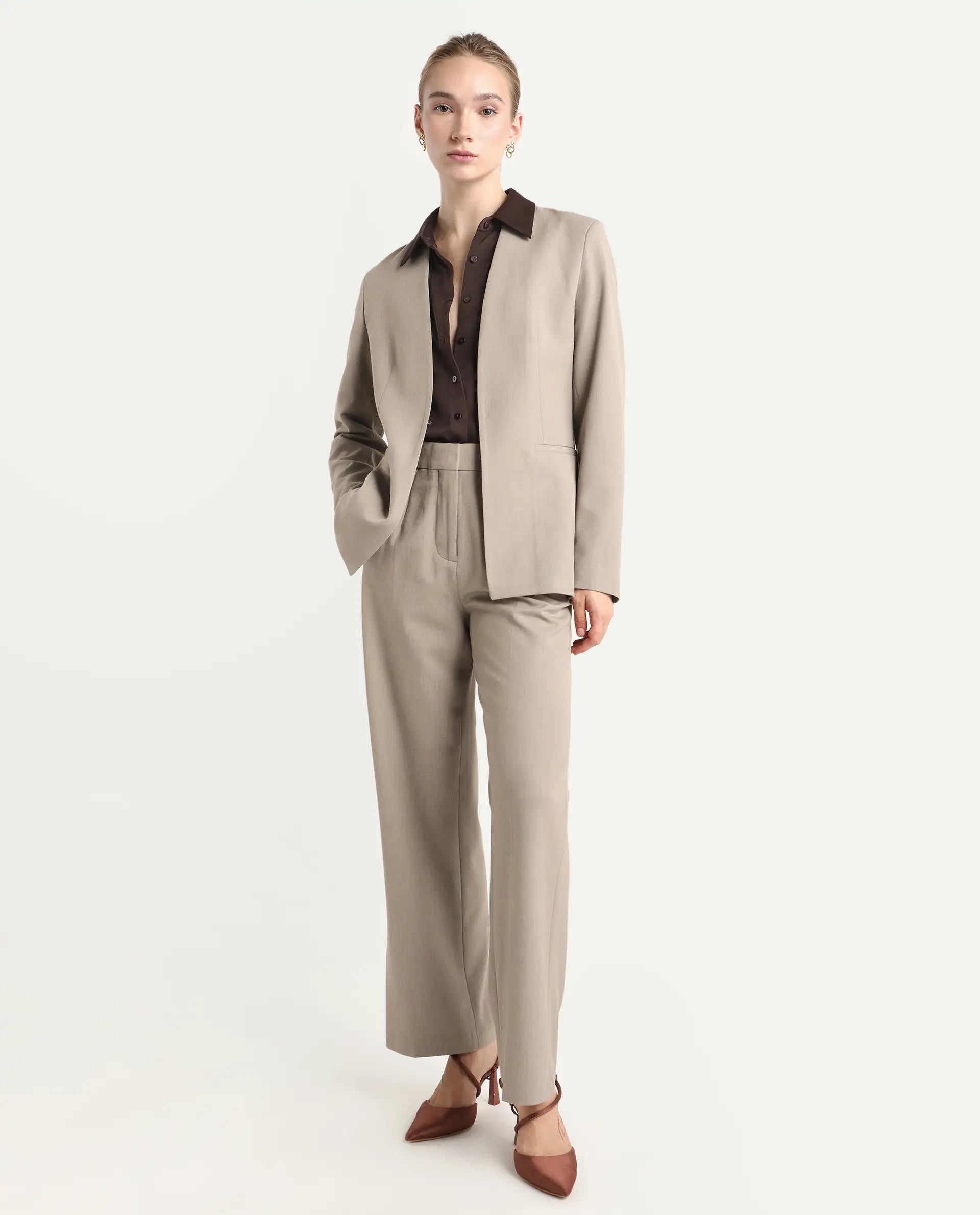 Rareism Women's Resha Fawn Polyester Fabric Full Sleeve Plain Blazer