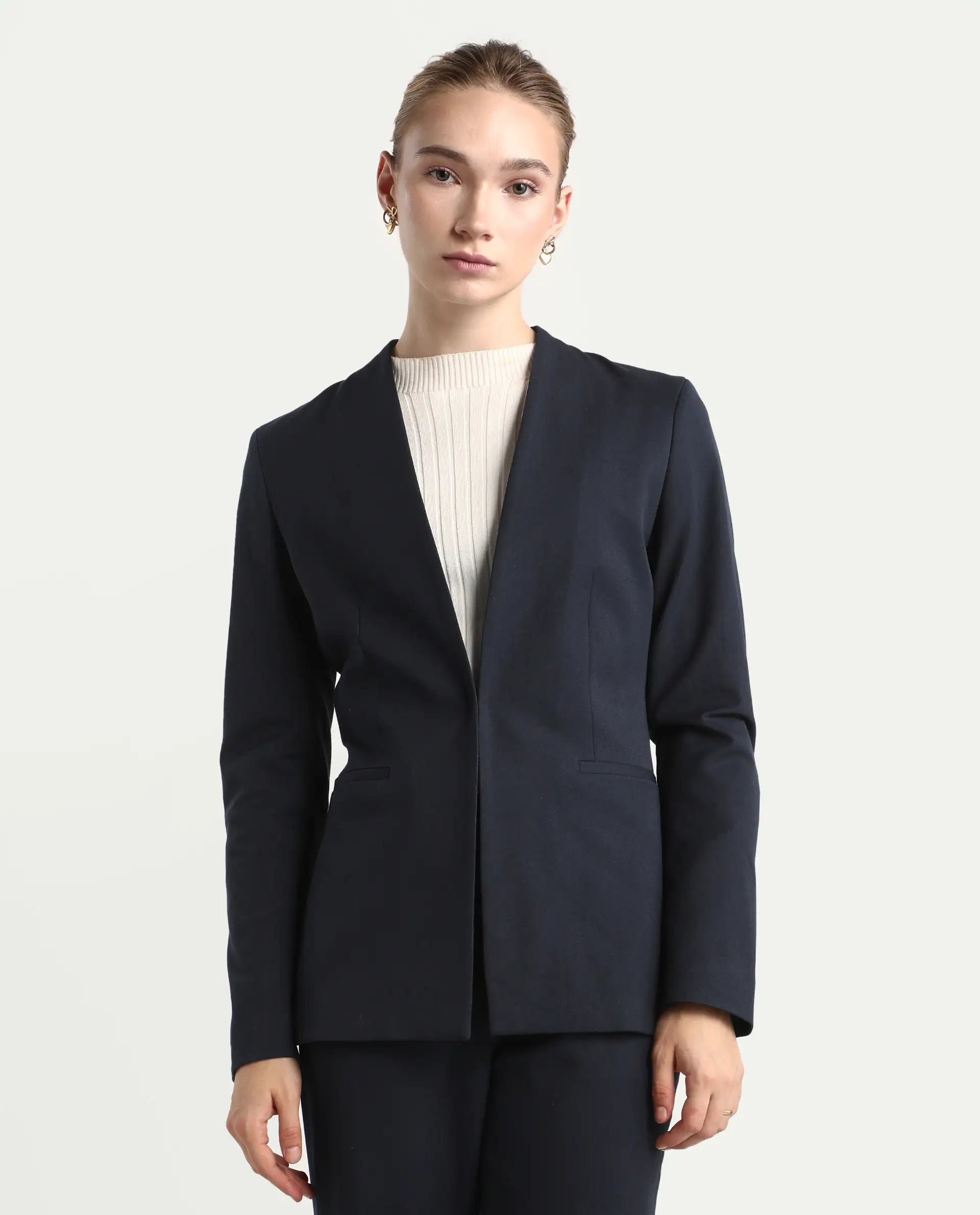 Rareism Women's Resha Navy Polyester Blend Fabric Full Sleeve Plain Blazer