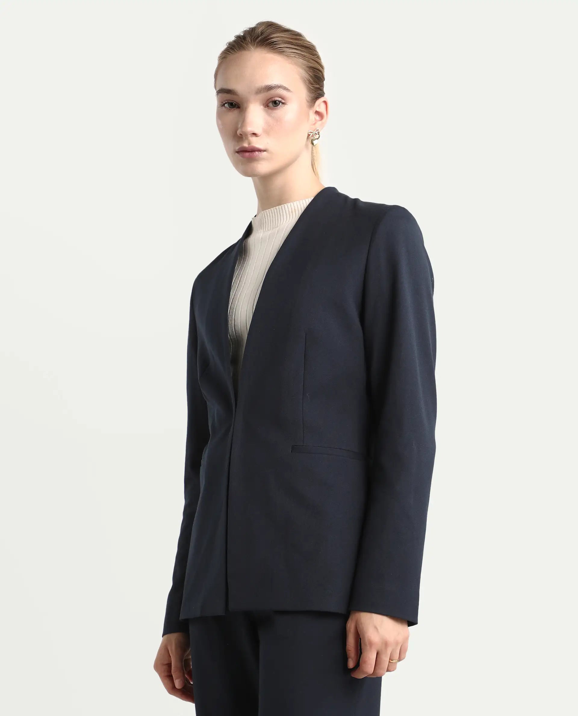 Rareism Women's Resha Navy Polyester Blend Fabric Full Sleeve Plain Blazer