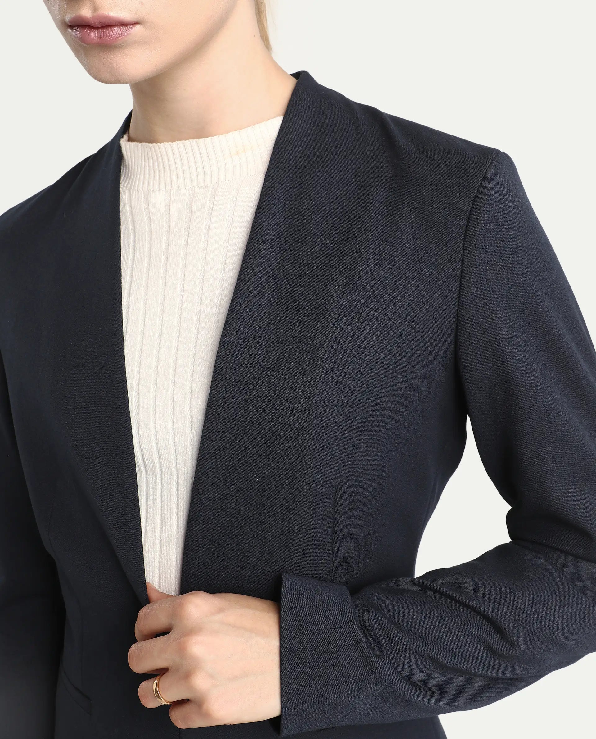Rareism Women's Resha Navy Polyester Blend Fabric Full Sleeve Plain Blazer
