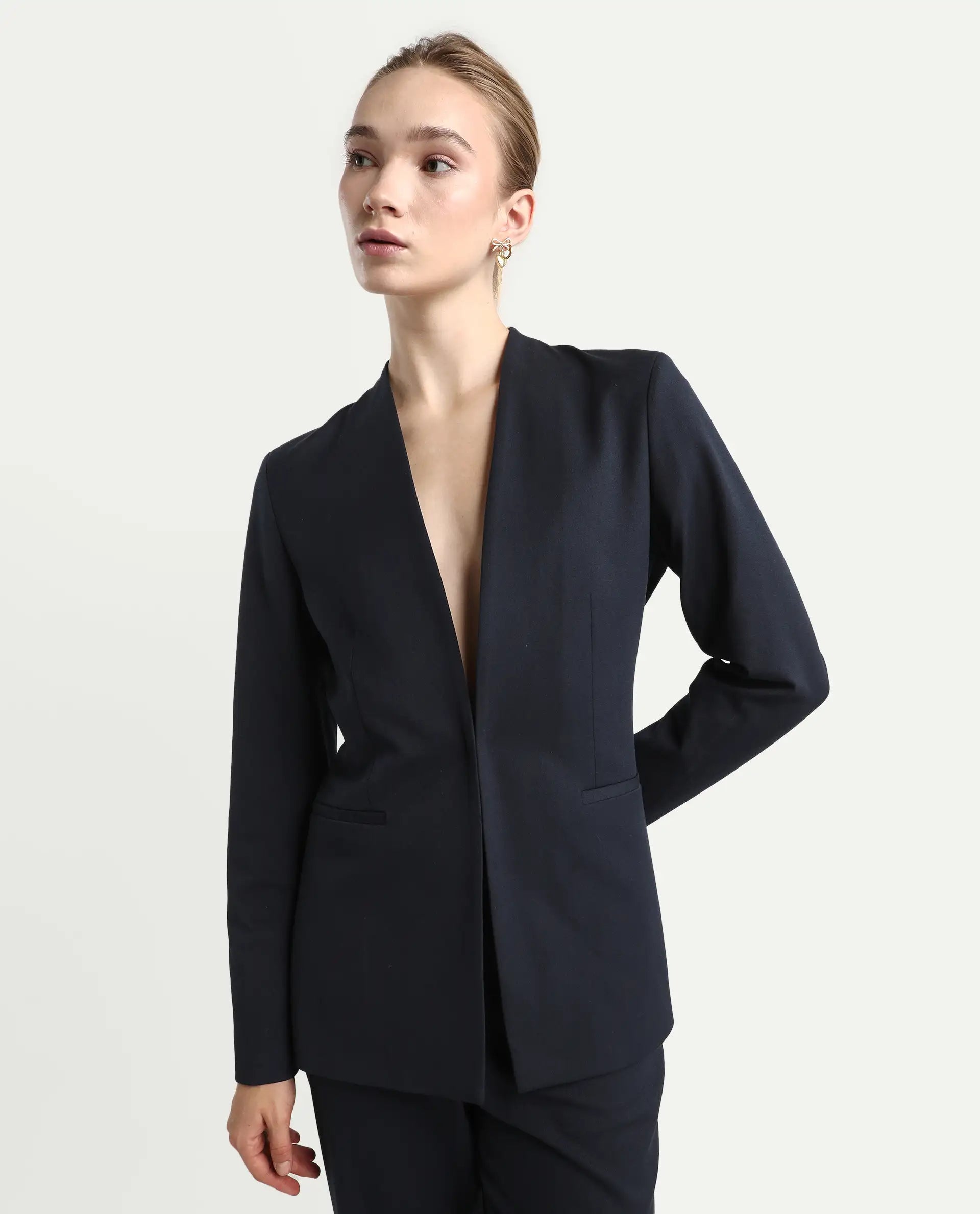 Rareism Women's Resha Navy Polyester Blend Fabric Full Sleeve Plain Blazer