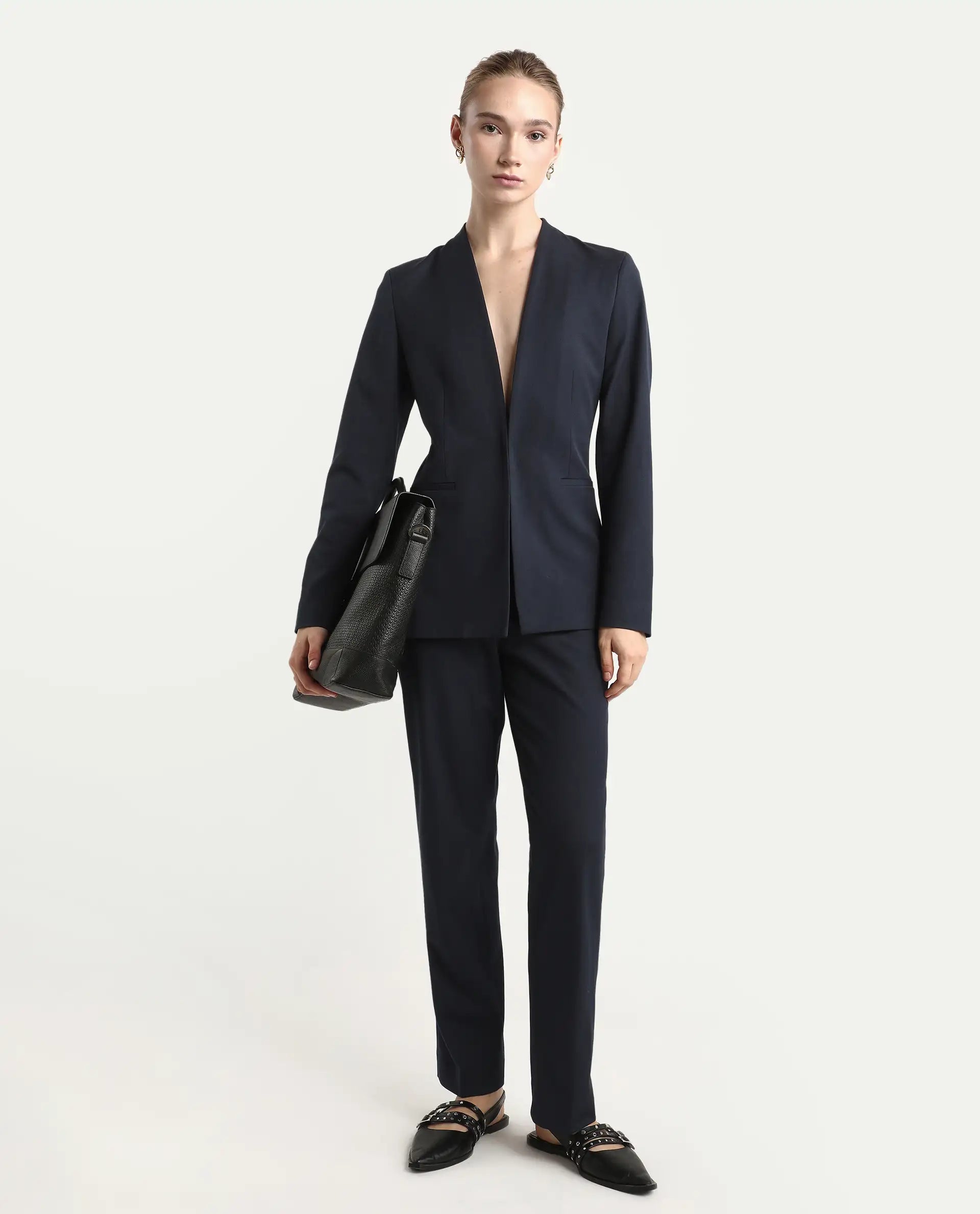 Rareism Women's Resha Navy Polyester Blend Fabric Full Sleeve Plain Blazer