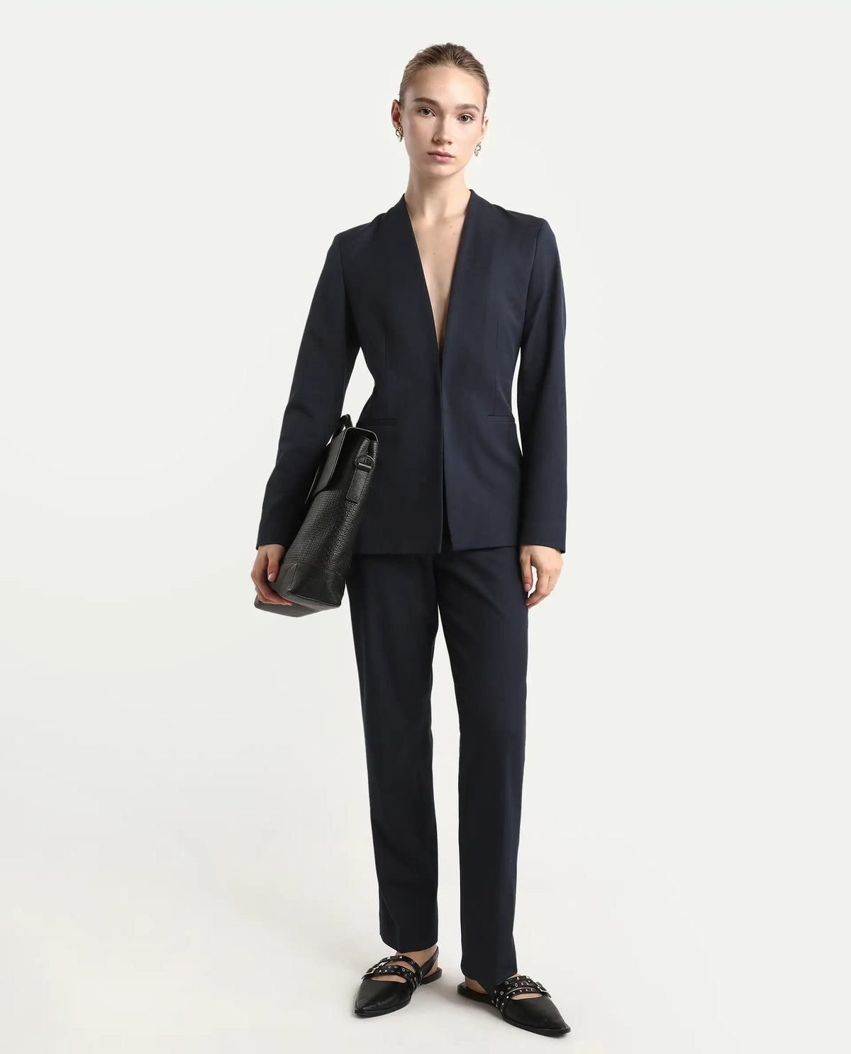 Rareism Women's Resha Navy Polyester Blend Fabric Full Sleeve Plain Blazer