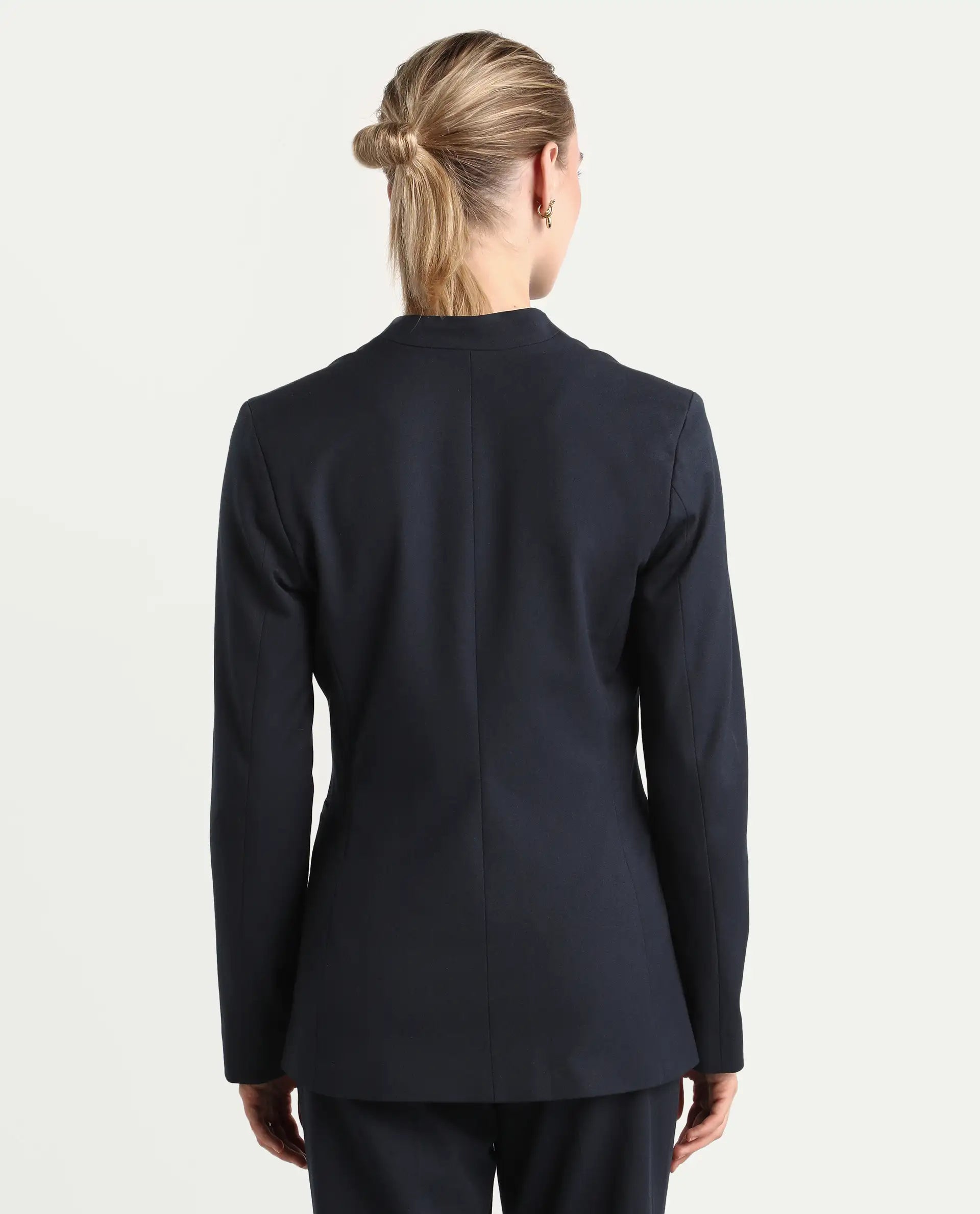 Rareism Women's Resha Navy Polyester Blend Fabric Full Sleeve Plain Blazer