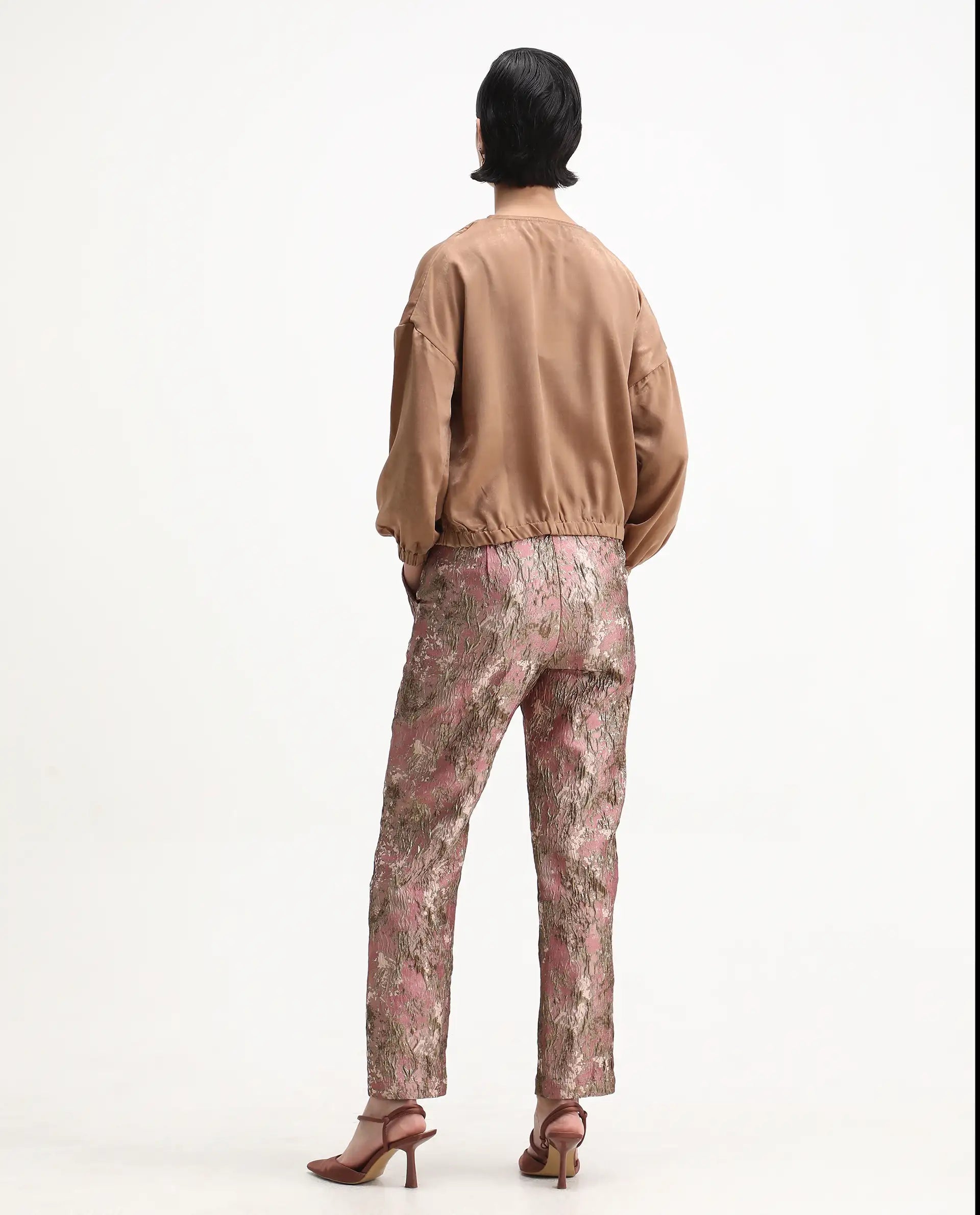 Rareism Women's Reshap-B Pink Poly Blend Tapered Ankle Length Jacquard Trouser