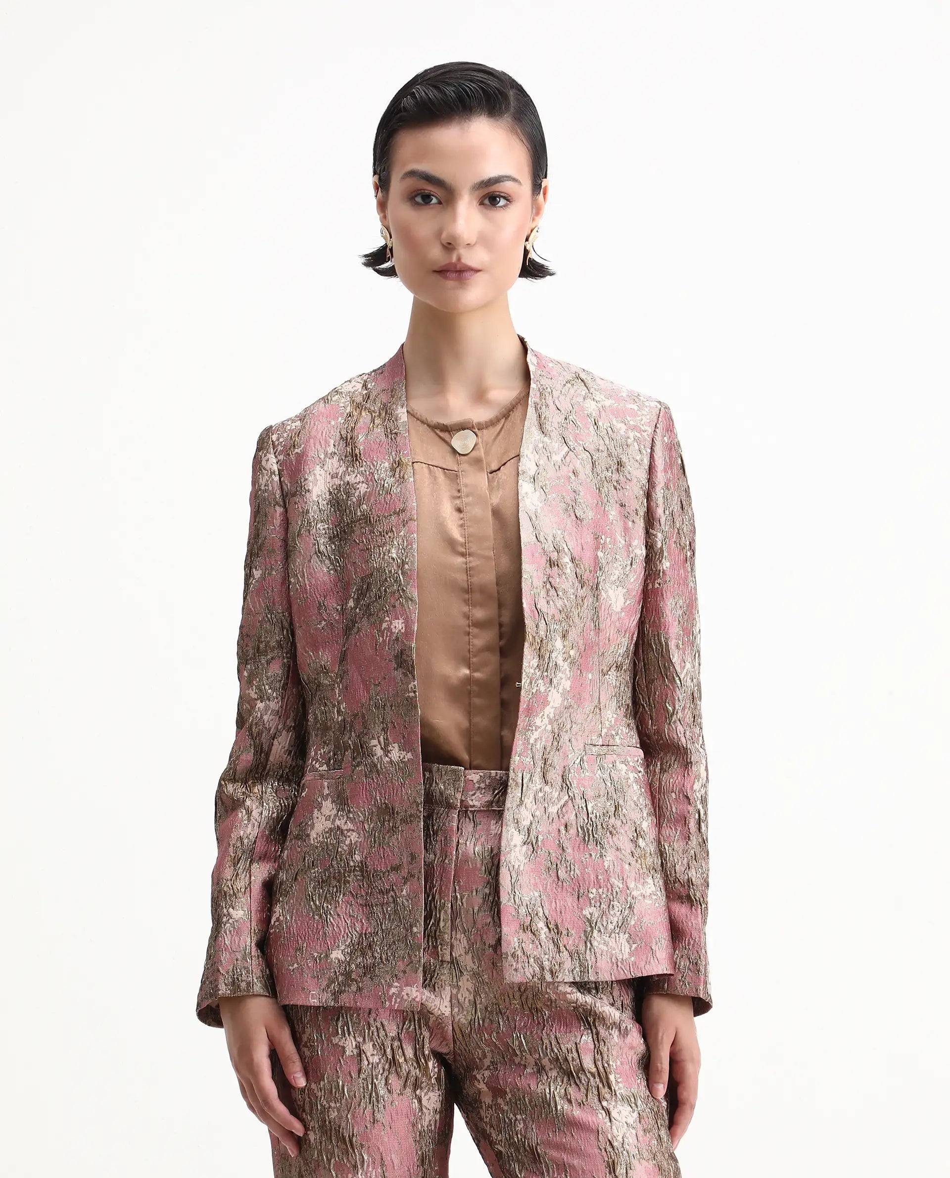 Rareism Women's Reshap-T Pink Polyester Blend Collarless Regular Fit Blazer