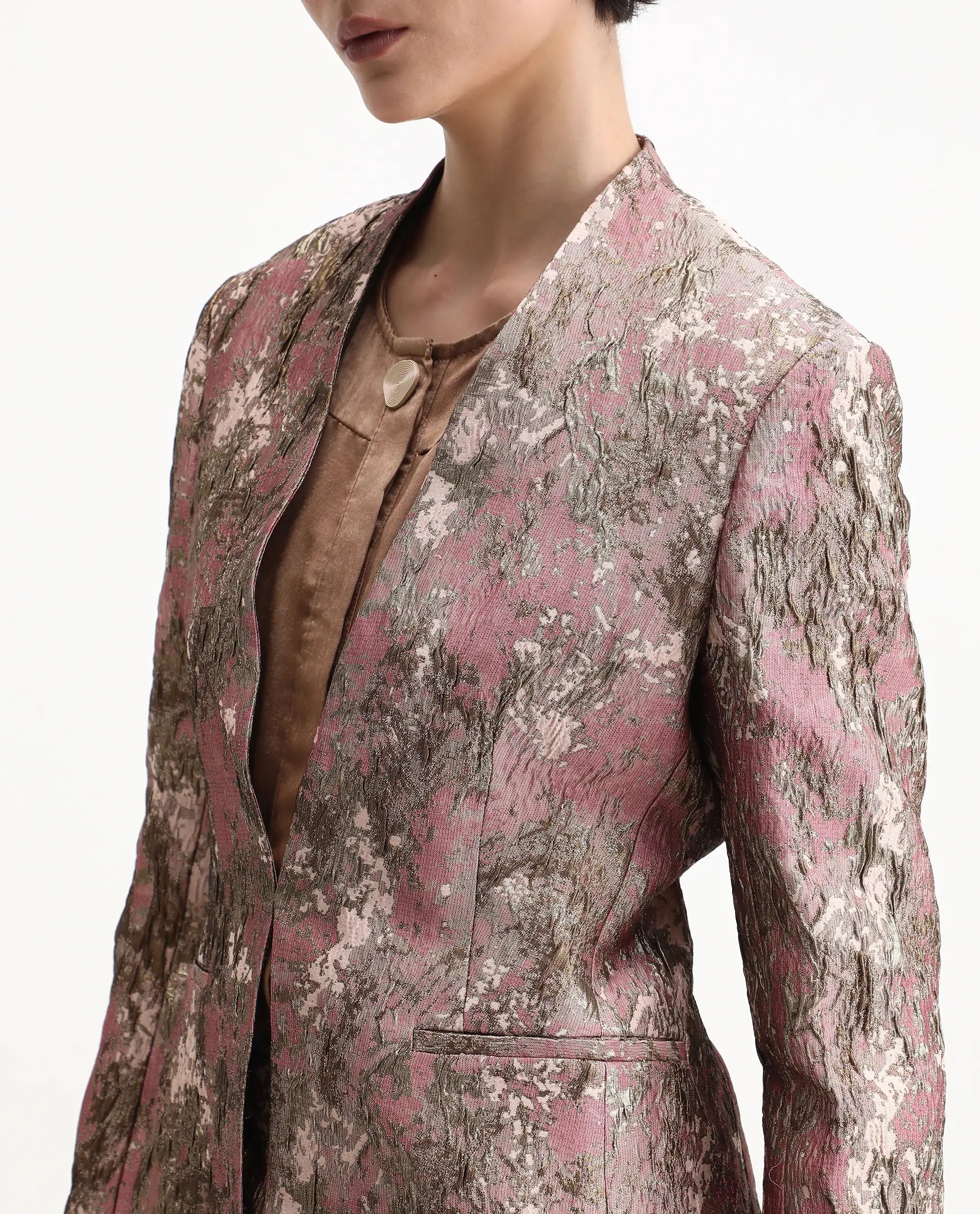 Rareism Women's Reshap-T Pink Polyester Blend Collarless Regular Fit Blazer