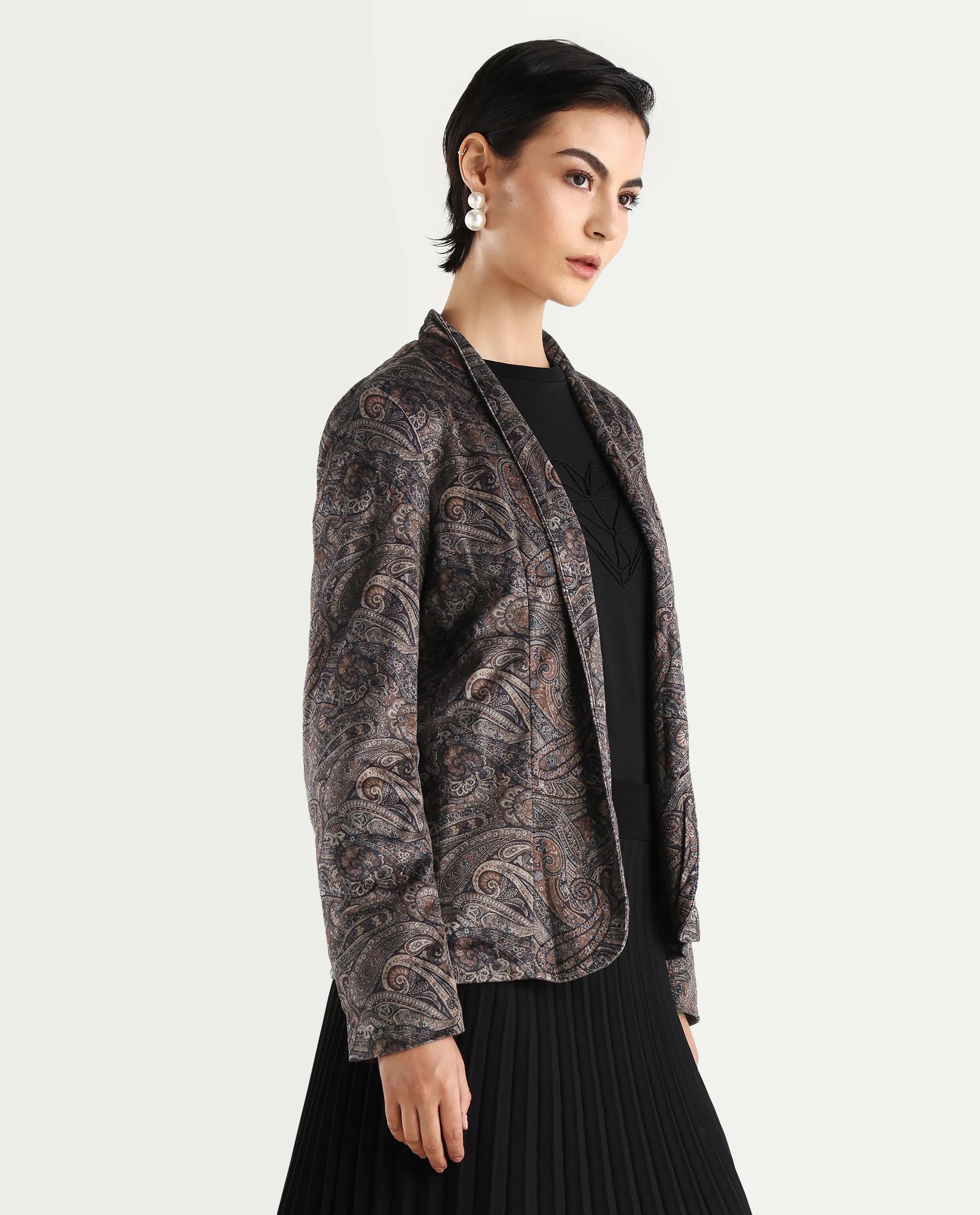 Rareism Women's Resko Multi Polyester Blend Collarless Paisley Print Regular Fit Jacket
