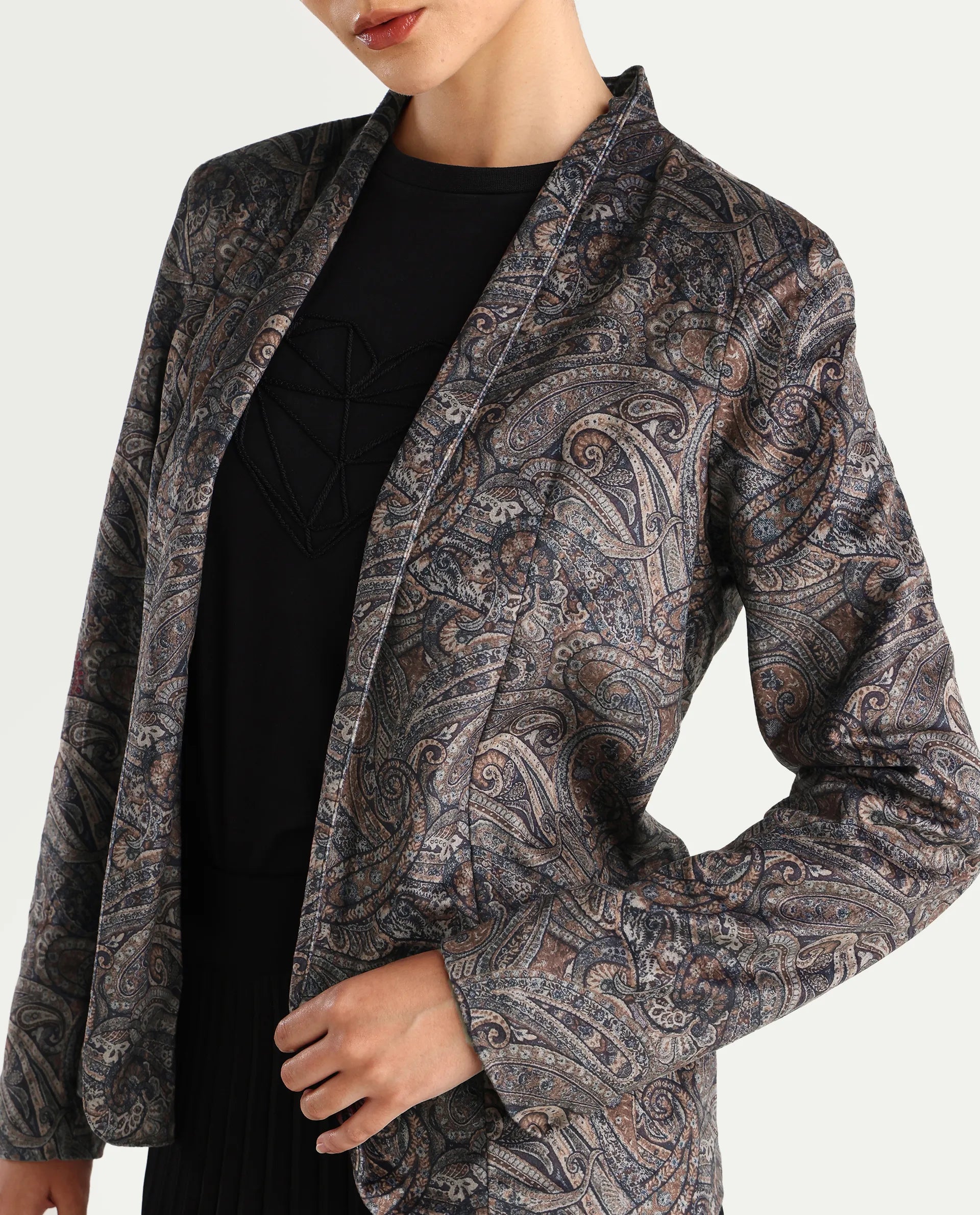 Rareism Women's Resko Multi Polyester Blend Collarless Paisley Print Regular Fit Jacket