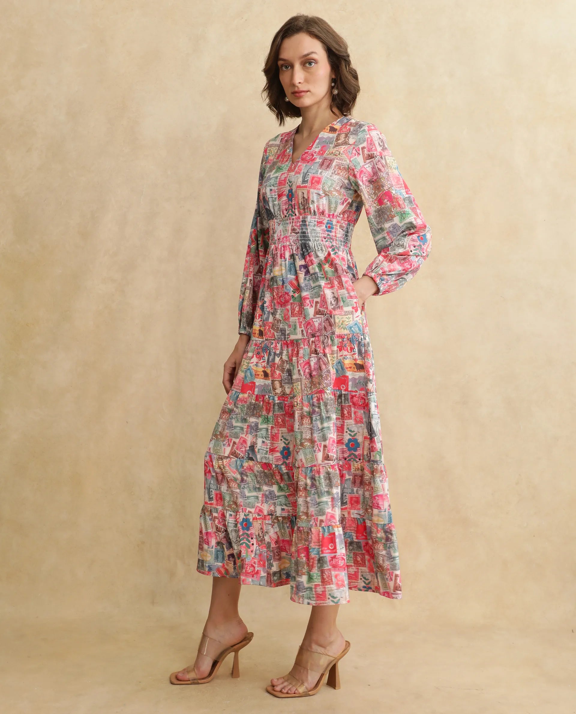 Rareism Women's Reting Light Multi Satin V-Neck Object Print Maxi Fit And Flare Dress